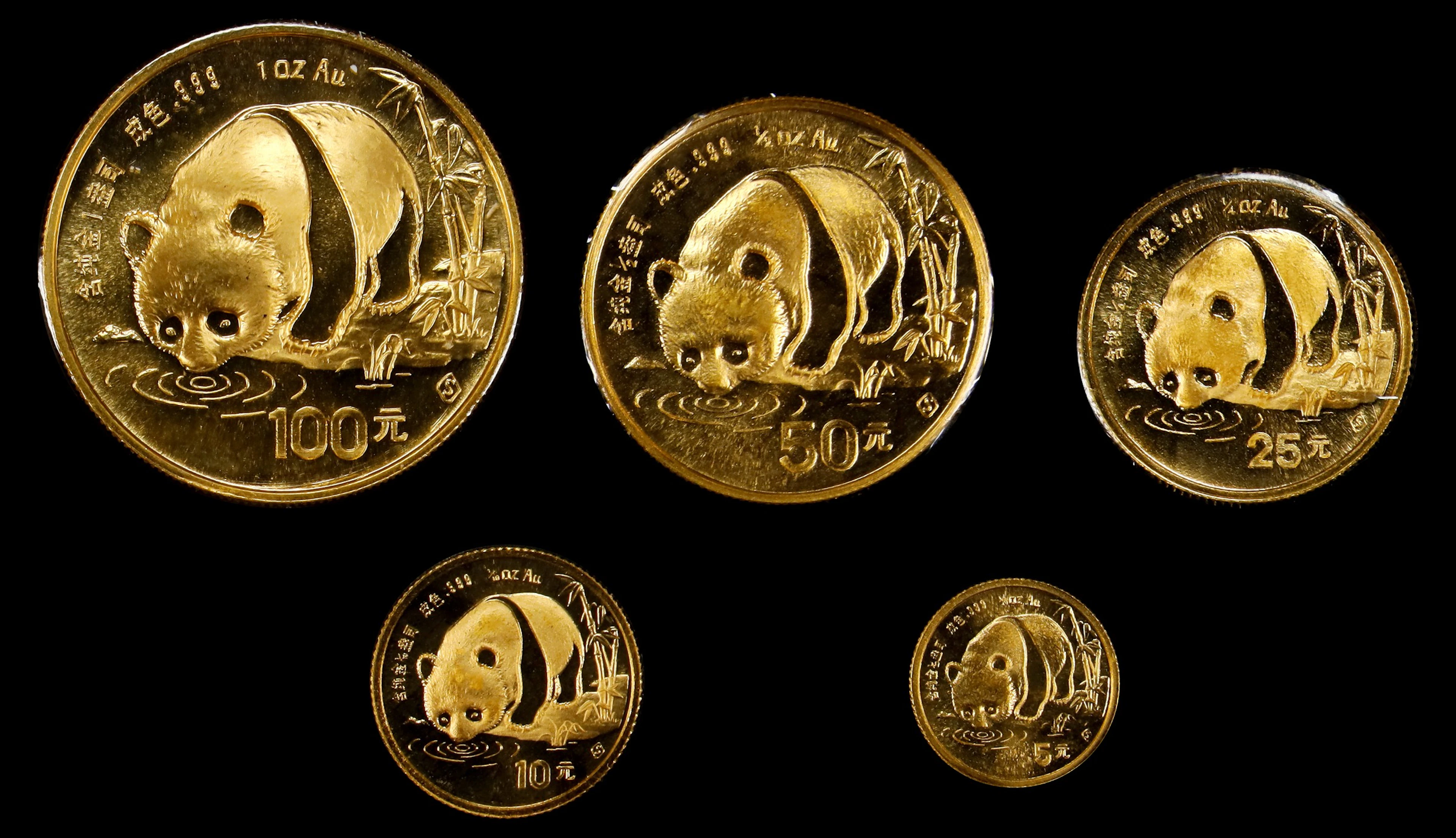 (t) CHINA. Gold Mint Set (5 Pieces), 1987. Panda Series. GEM UNCIRCULATED.