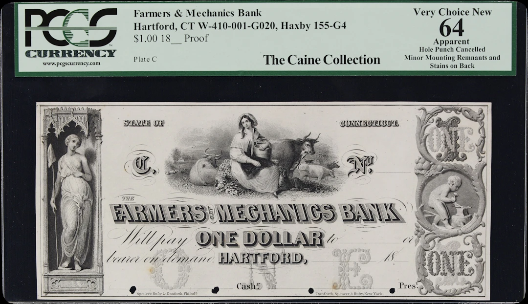 Hartford, Connecticut. Farmers & Mechanics Bank. 18xx $1. PCGS Currency