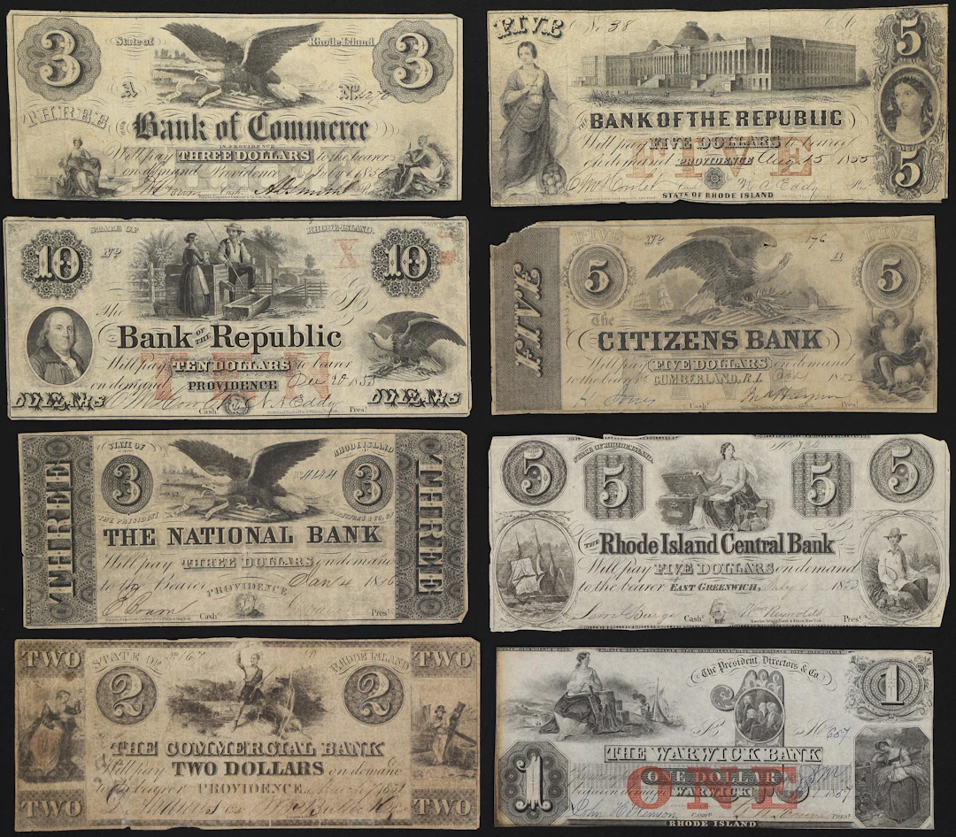 Lot of (8) Rhode Island Obsoletes. Mixed Issuers. 1850s Mixed Denominations.
