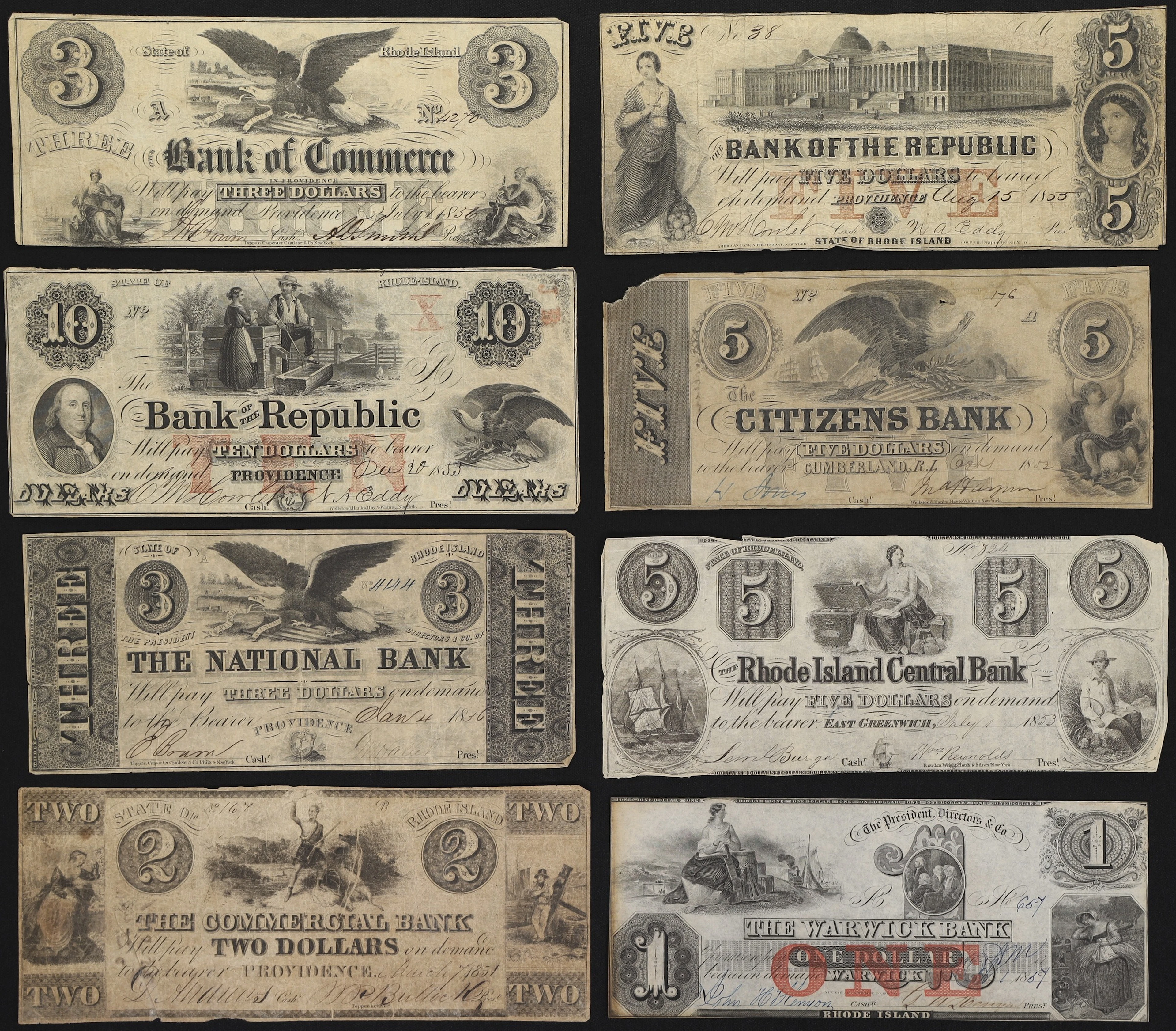 Lot of (8) Rhode Island Obsoletes. Mixed Issuers. 1850s Mixed Denominations.