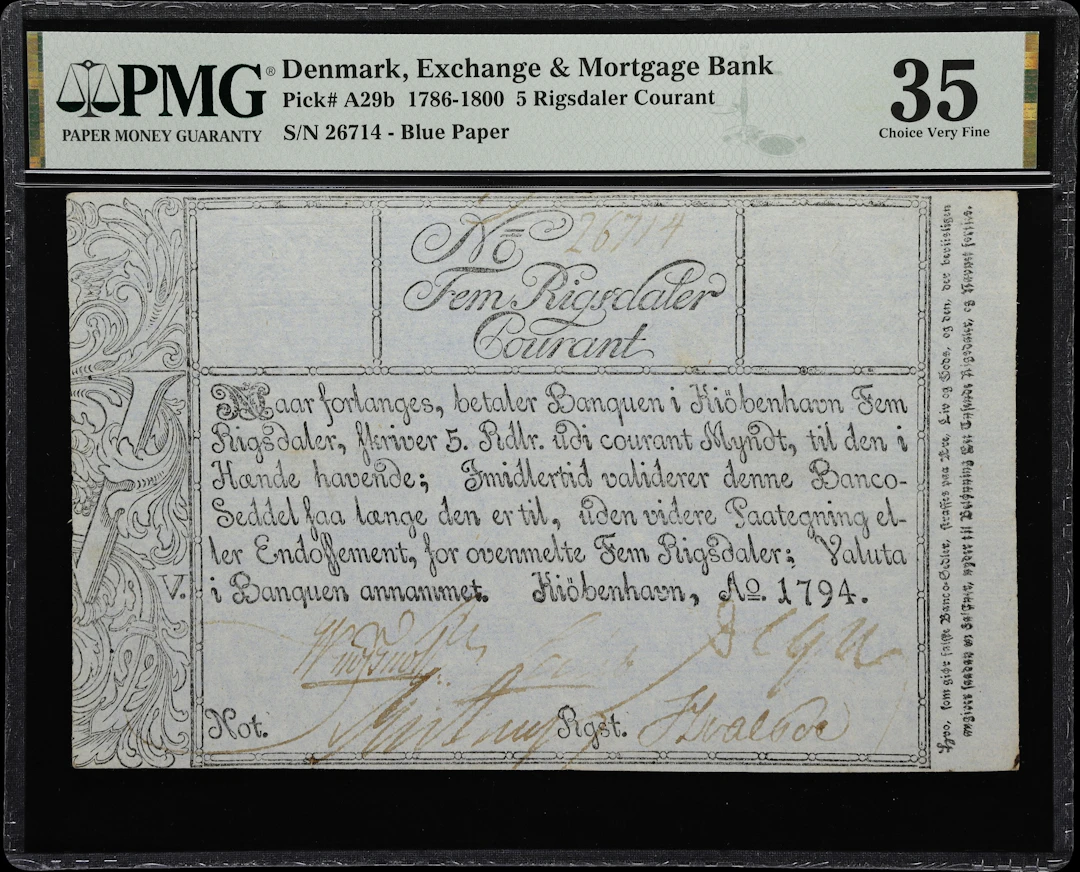 (◊) DENMARK. Exchange & Mortgage Bank. 5 Rigsdaler Courant, 1794.