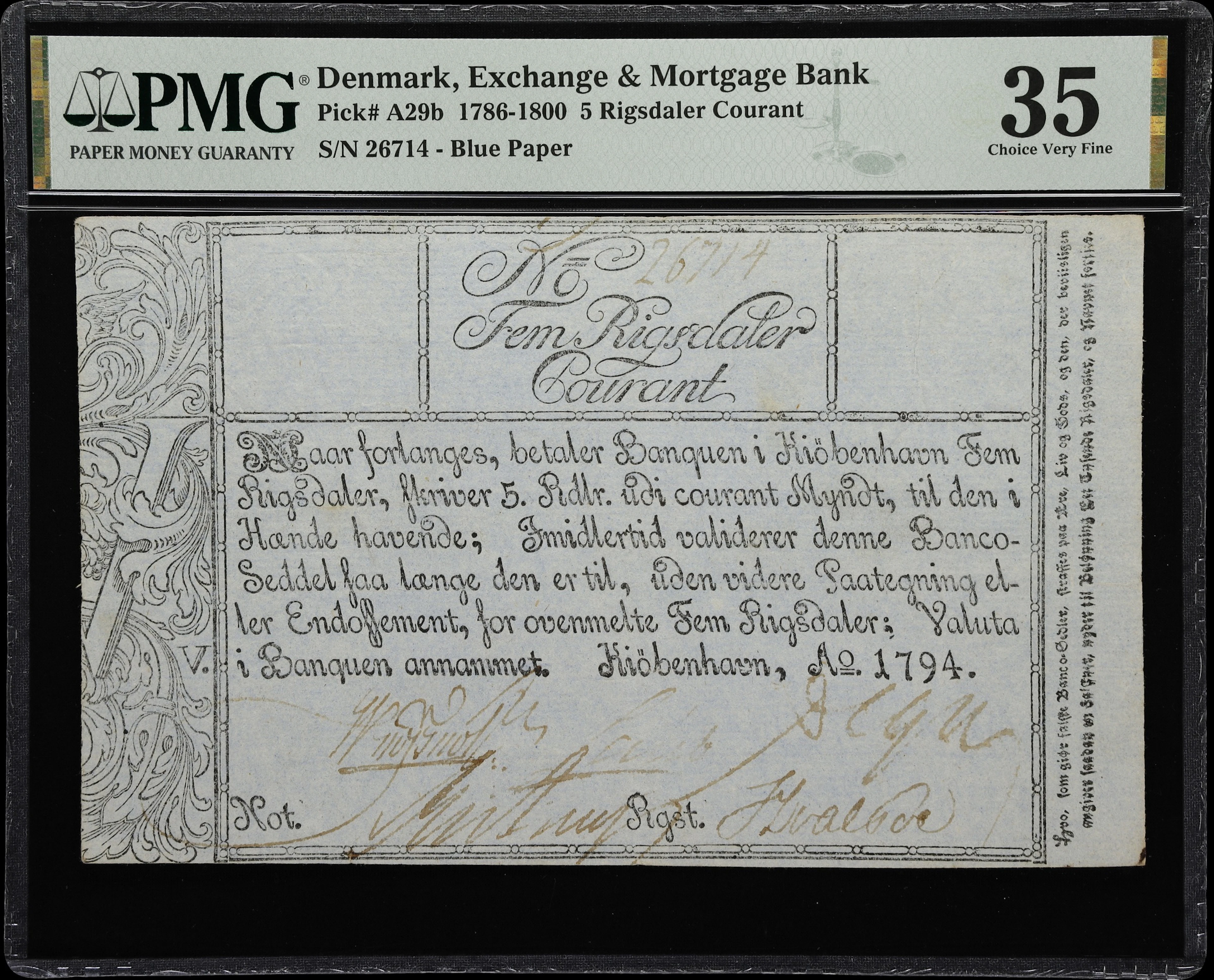 (◊) DENMARK. Exchange & Mortgage Bank. 5 Rigsdaler Courant, 1794.