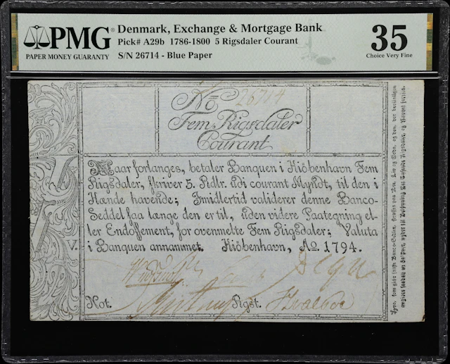 (◊) DENMARK. Exchange & Mortgage Bank. 5 Rigsdaler Courant, 1794.