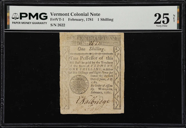 VT-1. Vermont. February 1781. 1 Shilling. PMG Very Fine 25 Net. Severed