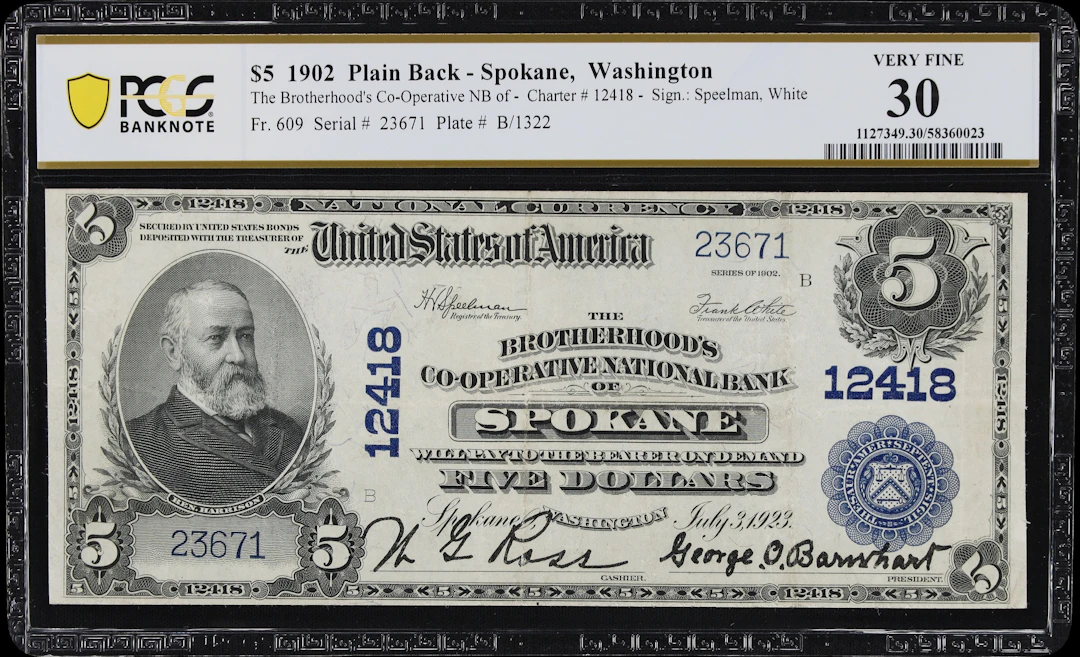 Spokane, Washington. $5 1902 Plain Back. Fr. 609. Brotherhoods Co-Operative