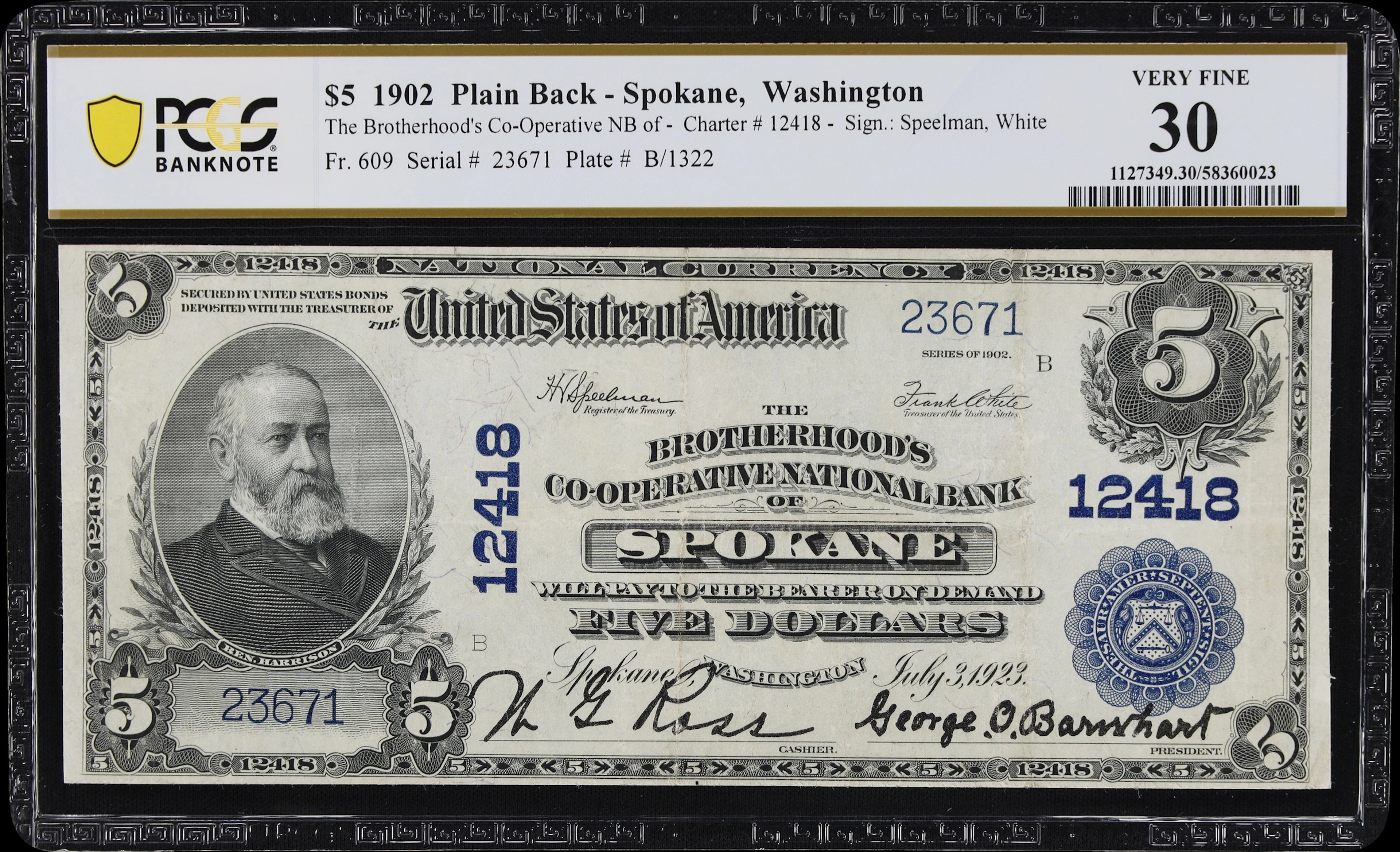 Spokane, Washington. $5 1902 Plain Back. Fr. 609. Brotherhoods Co-Operative