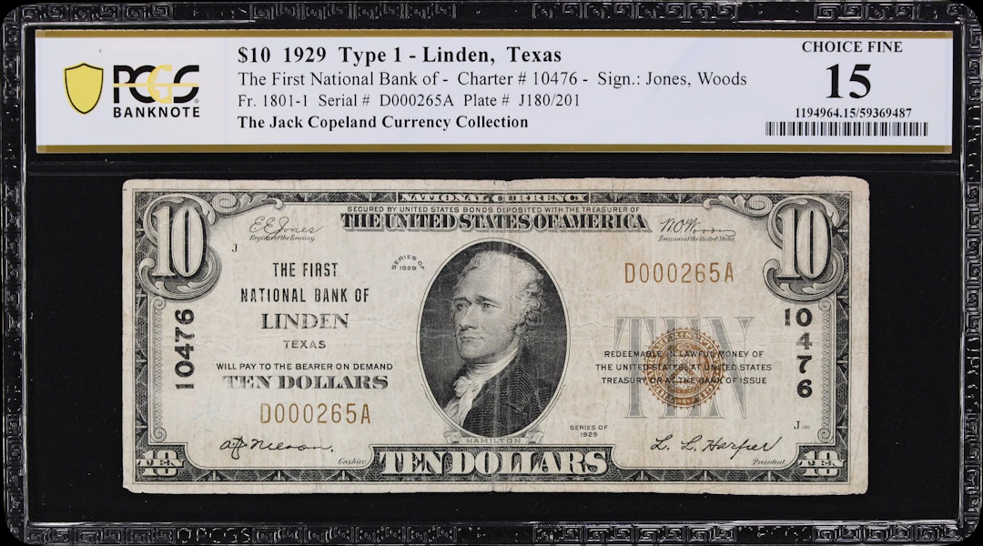 Linden, Texas. $10 1929 Ty. 1. Fr. 1801-1. First NB. Charter #10476.