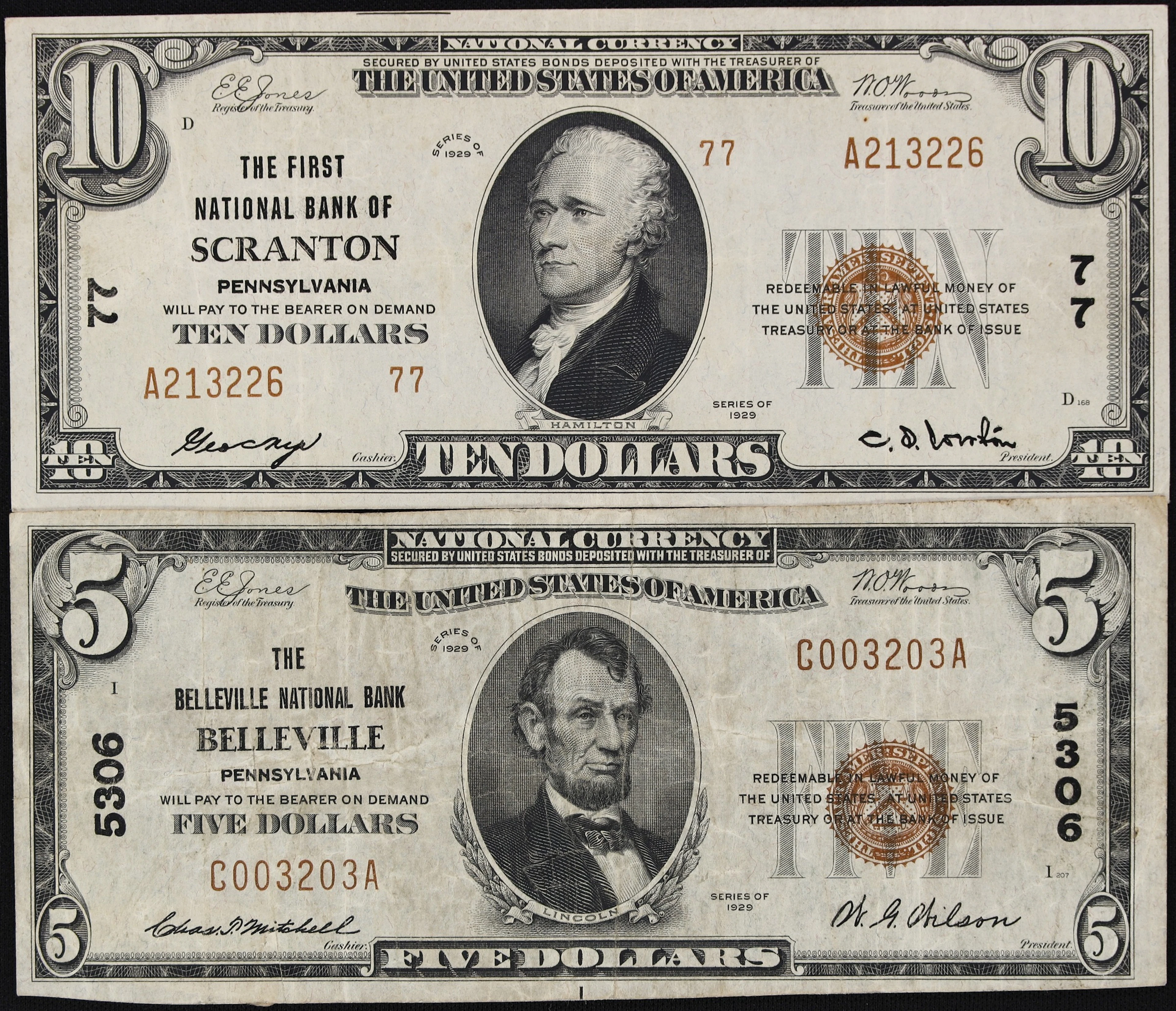 Lot of (2) Belleville & Scranton, Pennsylvania. $5 & $10 1929 Ty.