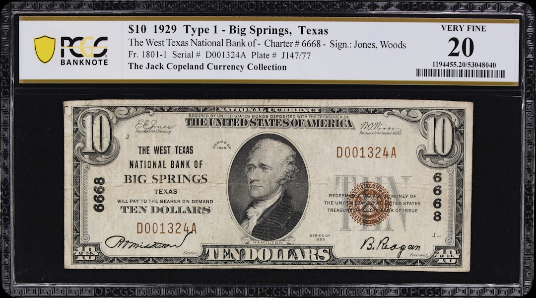 Big Springs, Texas. $10 1929 Ty. 1. Fr. 1801-1. West Texas NB. Charter