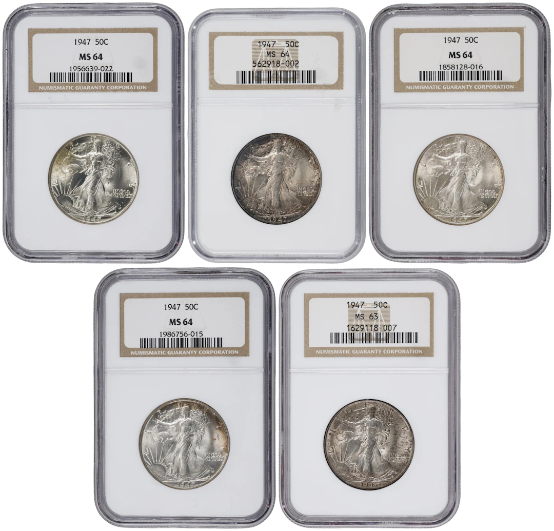 Lot of (5) Choice Mint State 1947 Walking Liberty Half Dollars. (NGC).