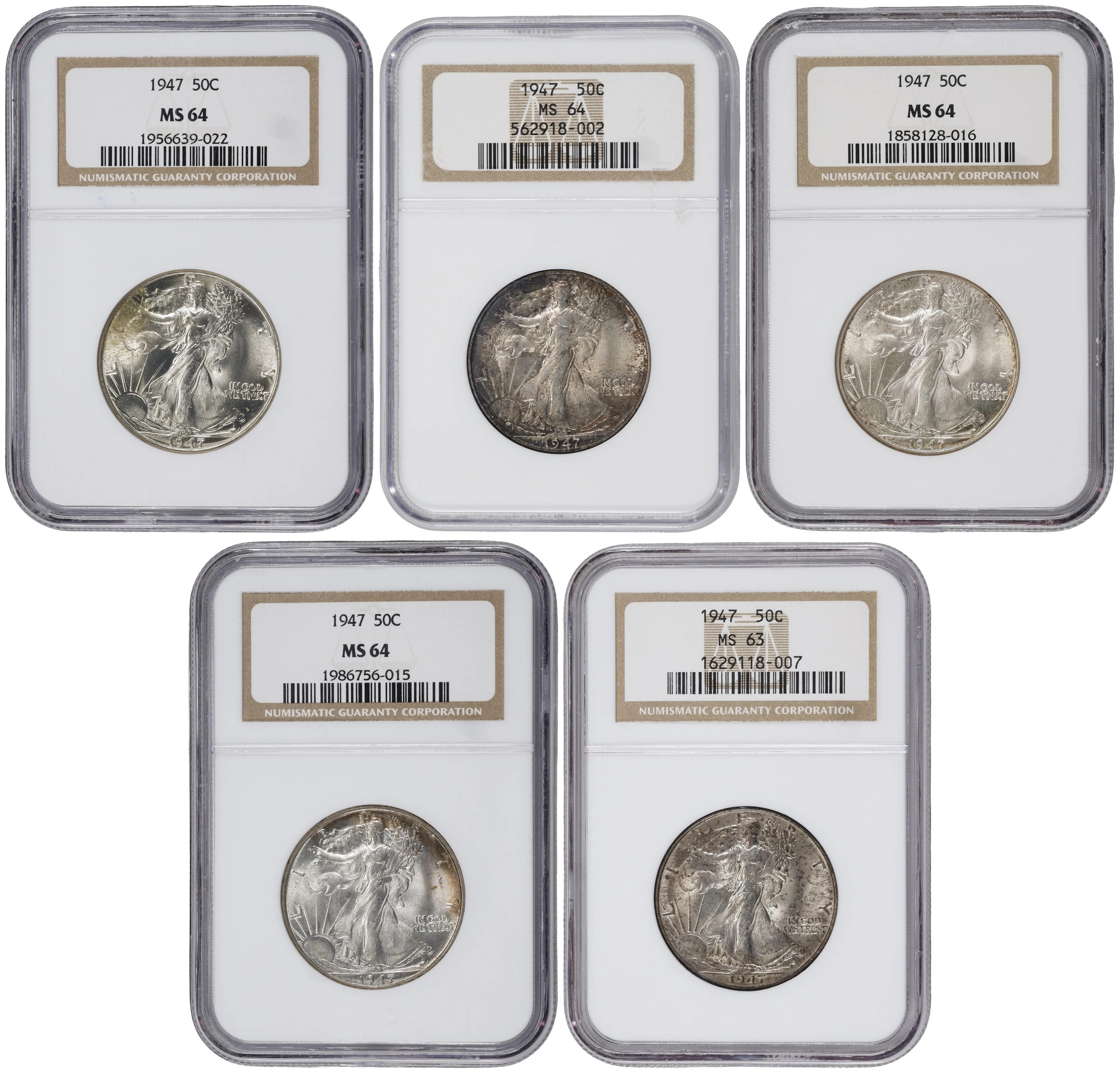 Lot of (5) Choice Mint State 1947 Walking Liberty Half Dollars. (NGC).