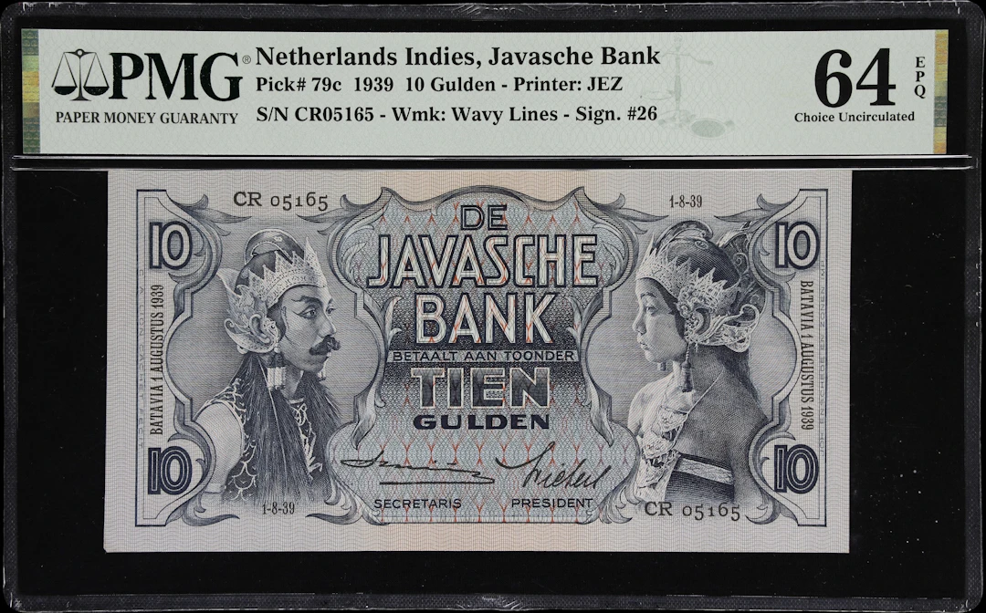 NETHERLANDS INDIES. Javasche Bank. 10 Gulden, 1.8.1939. P-79c. PMG