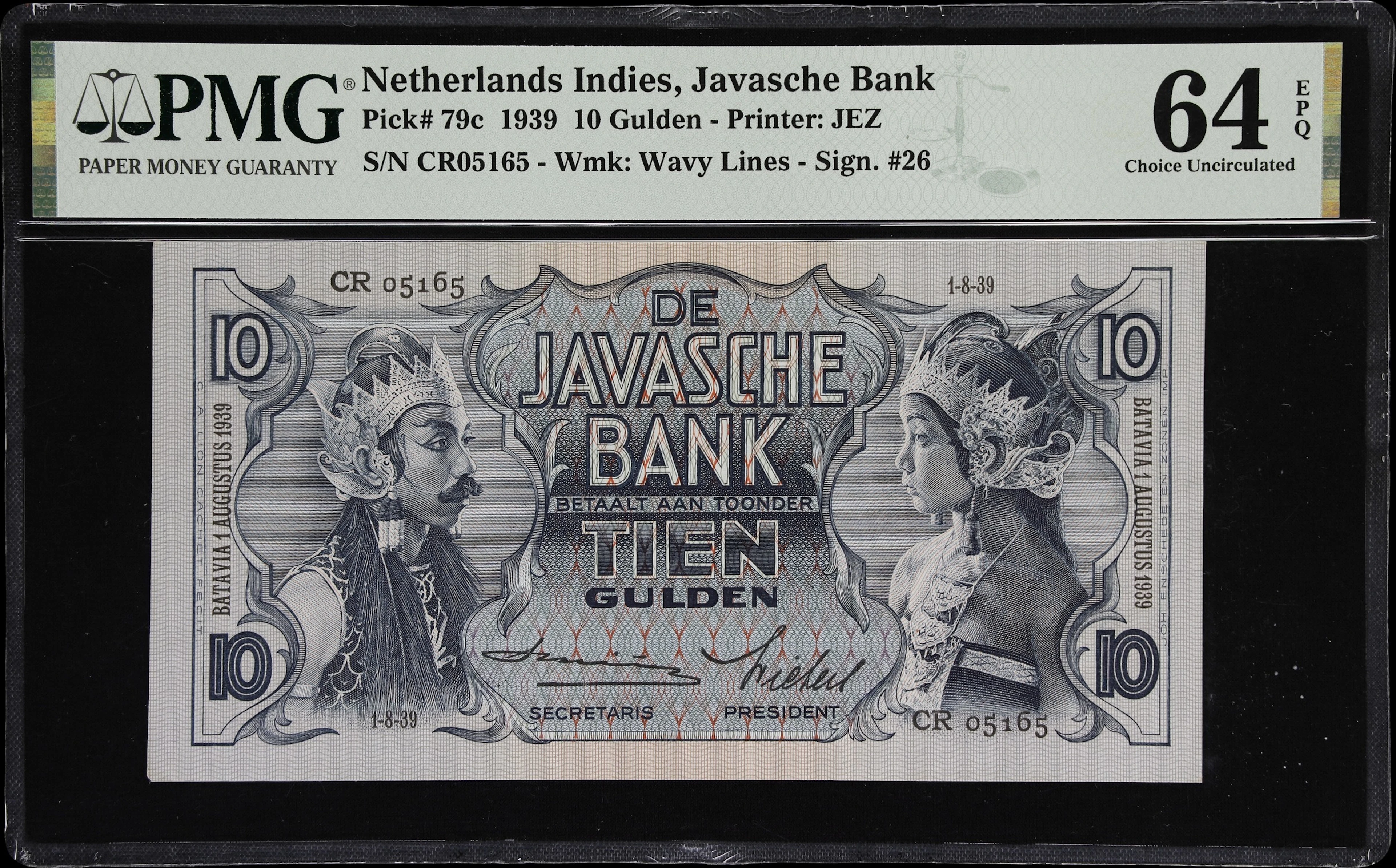 NETHERLANDS INDIES. Javasche Bank. 10 Gulden, 1.8.1939. P-79c. PMG