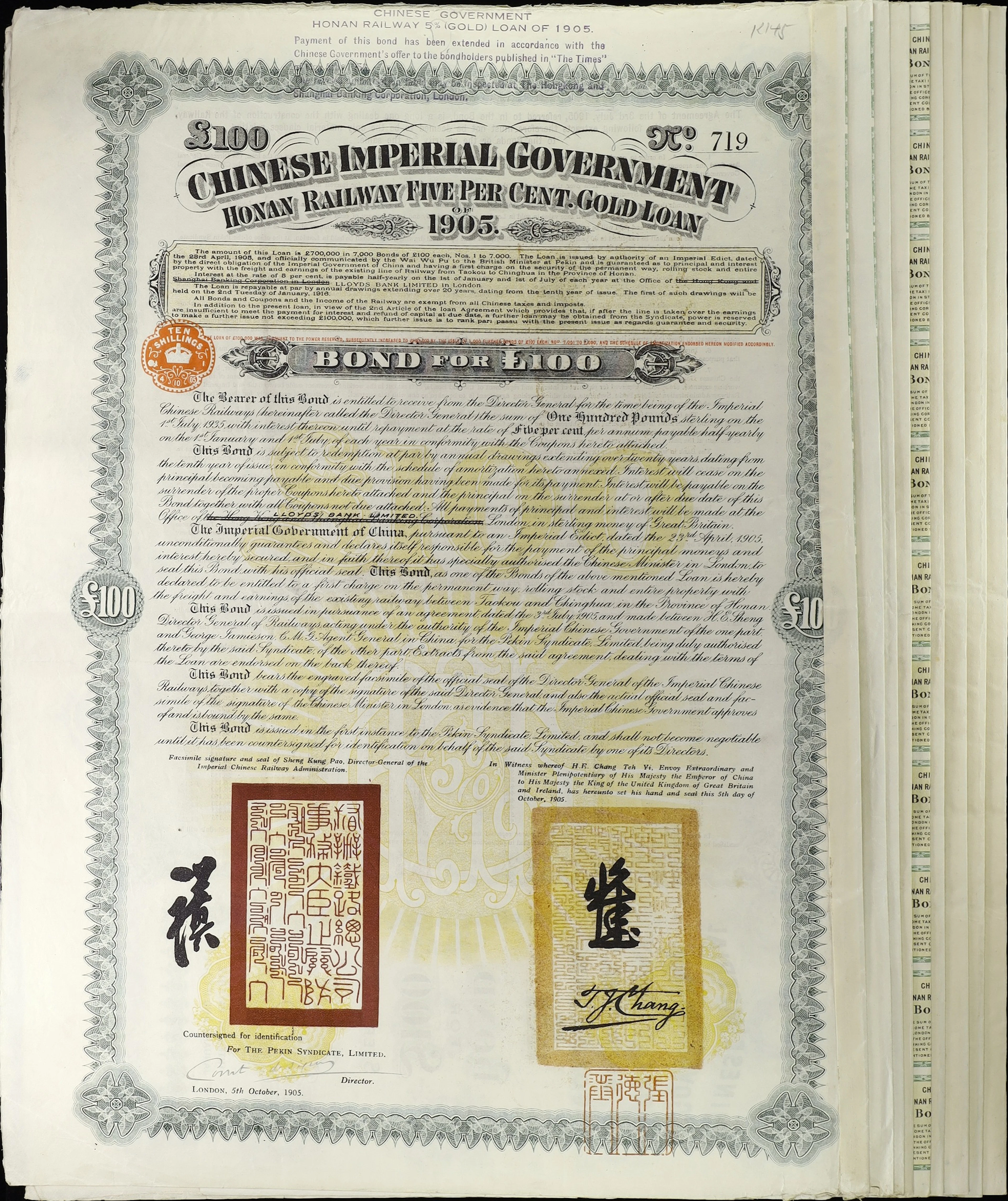 CHINA--EMPIRE. Lot of (9). 1905 5% Honan Railway (Taokow-Chinghua
