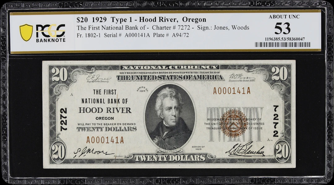 Hood River, Oregon. $20 1929 Ty. 1. Fr. 1802-1. First NB. Charter