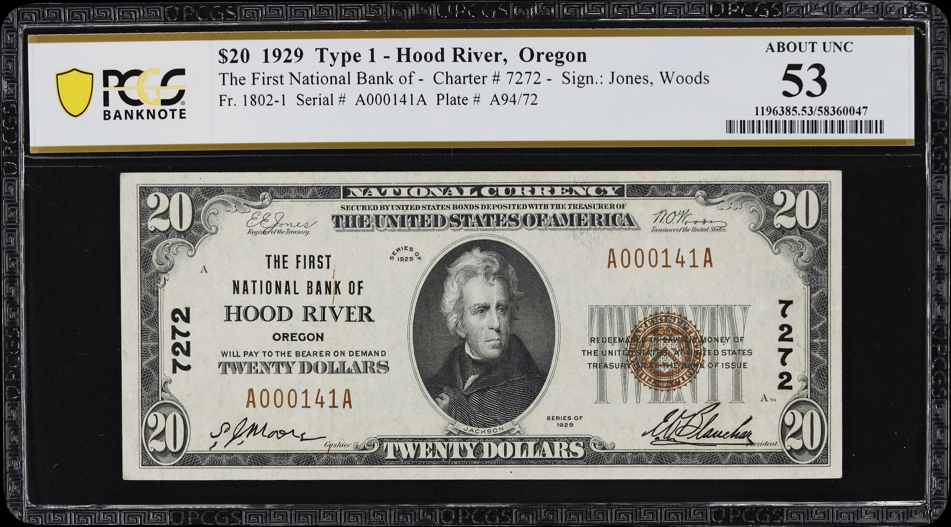 Hood River, Oregon. $20 1929 Ty. 1. Fr. 1802-1. First NB. Charter