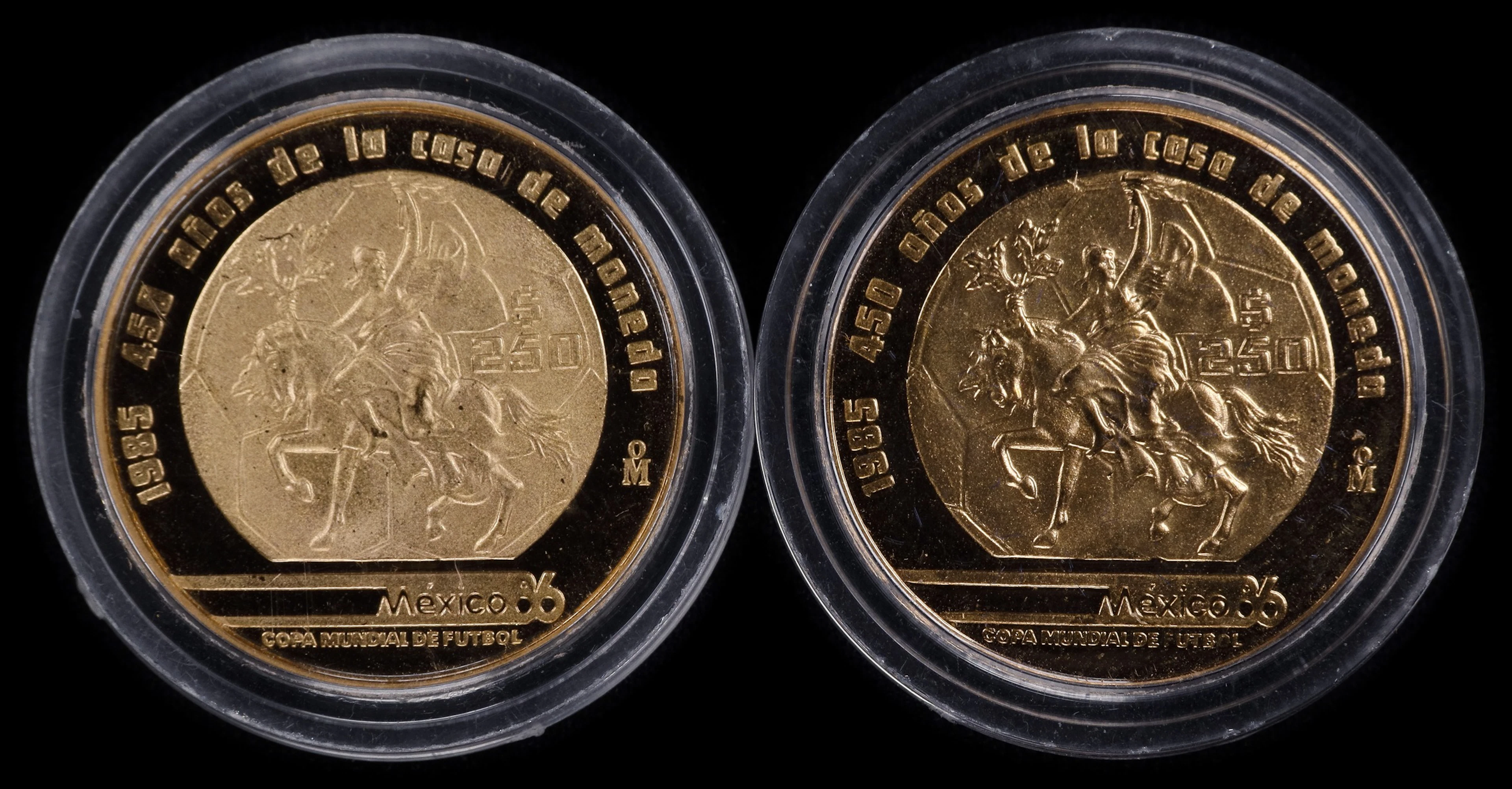 (0.5 oz, 15.552 g AGW). Mexico. Lot of (2) 1985 World Cup Gold 250 Pesos.
