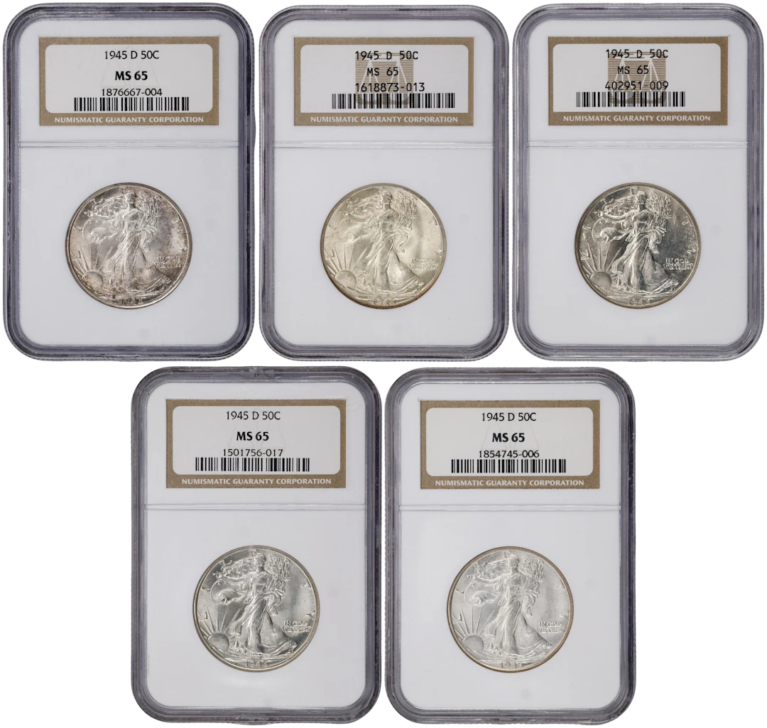 Lot of (5) 1945-D Walking Liberty Half Dollars. MS-65 (NGC).