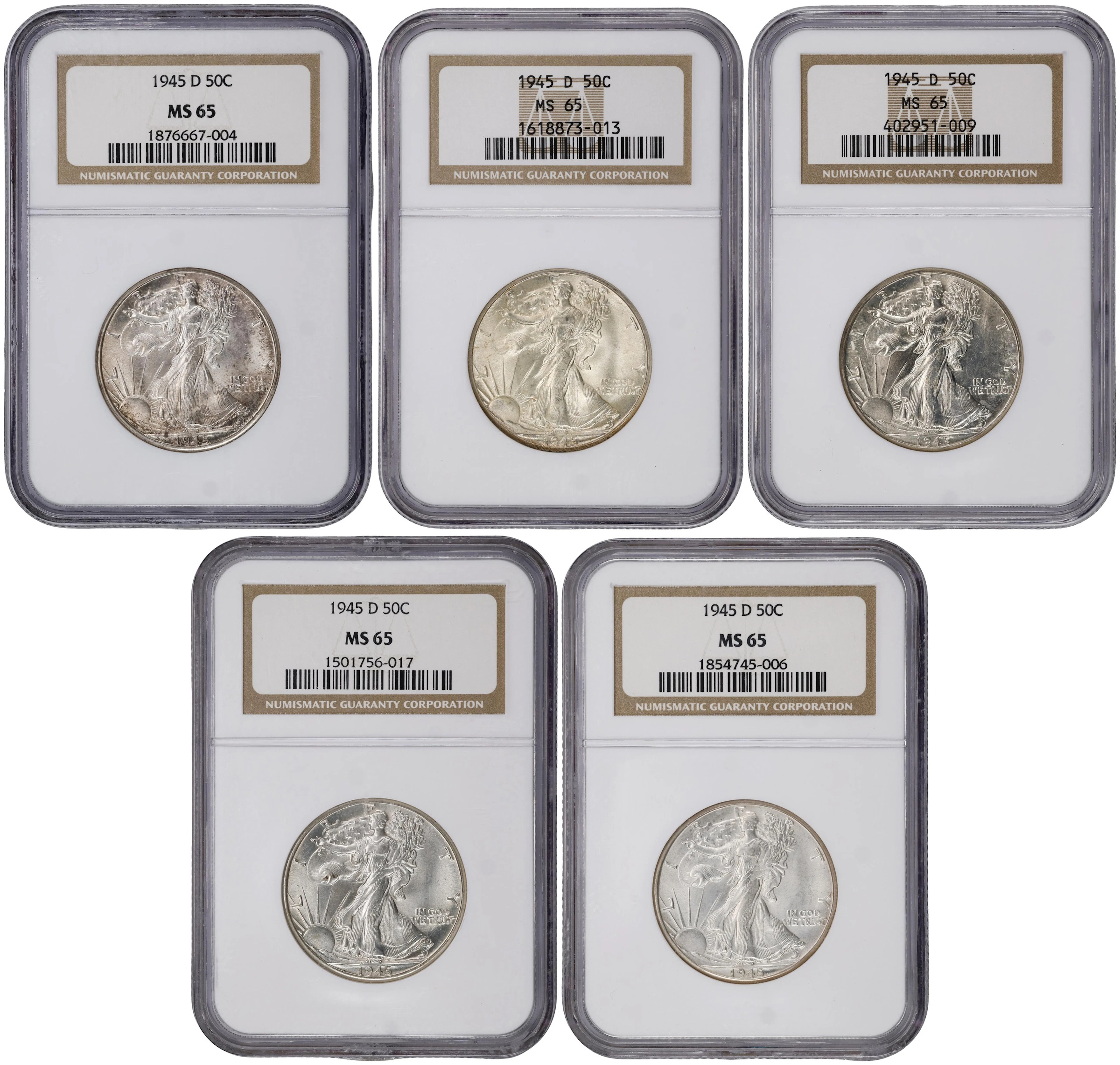 Lot of (5) 1945-D Walking Liberty Half Dollars. MS-65 (NGC).