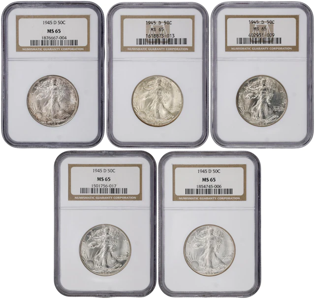 Lot of (5) 1945-D Walking Liberty Half Dollars. MS-65 (NGC).