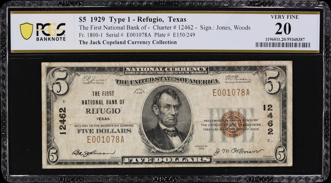Refugio, Texas. $5 1929 Ty. 1. Fr. 1800-1. First NB. Charter #12462.