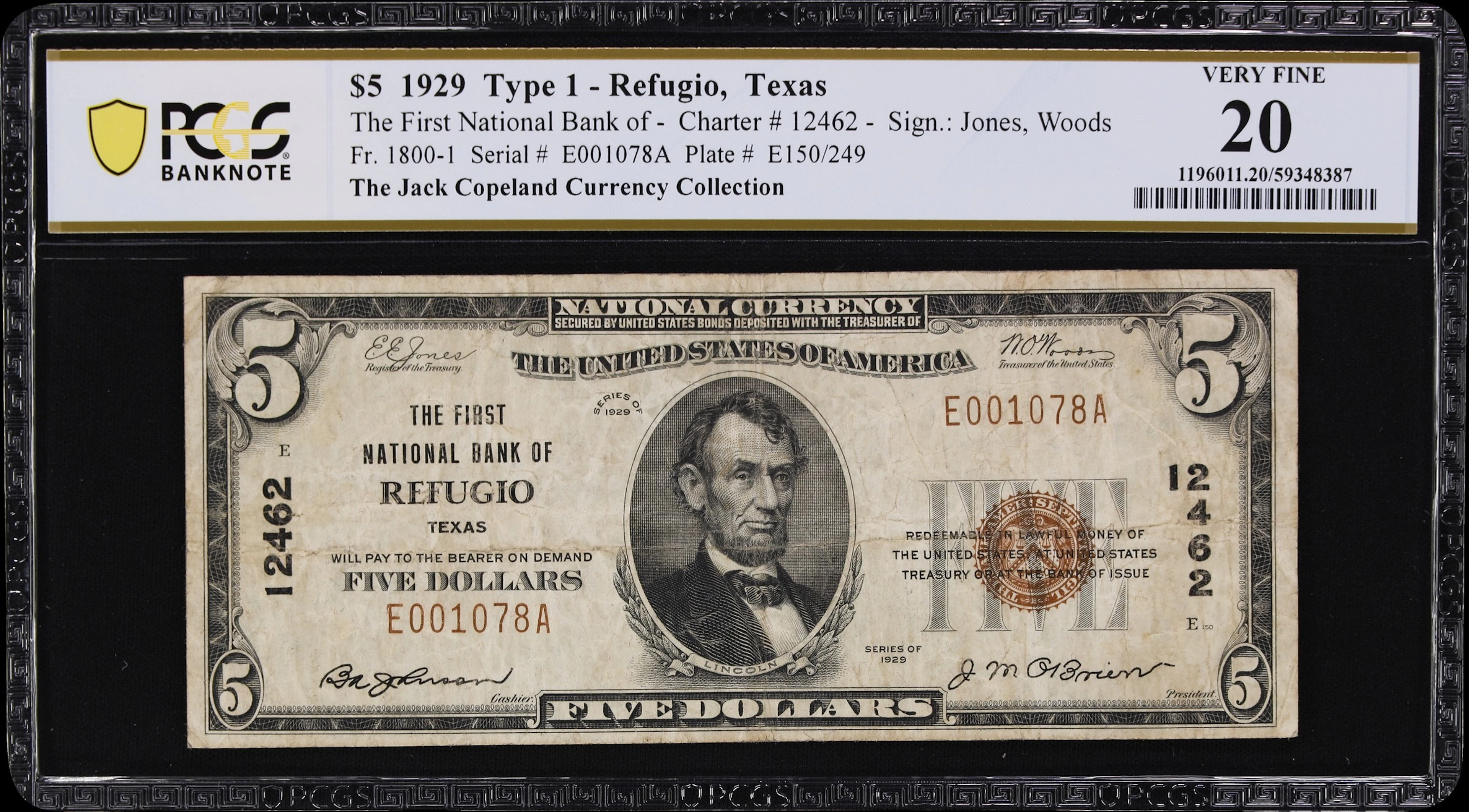 Refugio, Texas. $5 1929 Ty. 1. Fr. 1800-1. First NB. Charter #12462.