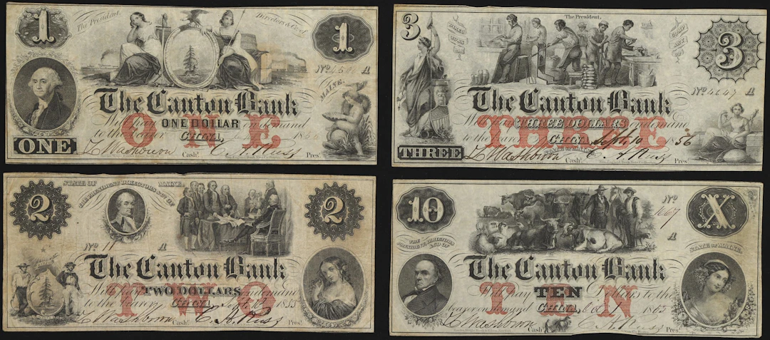 Lot of (4) Canton, Maine. Canton Bank. 1856 $1, $2, $3, & $10. Fine