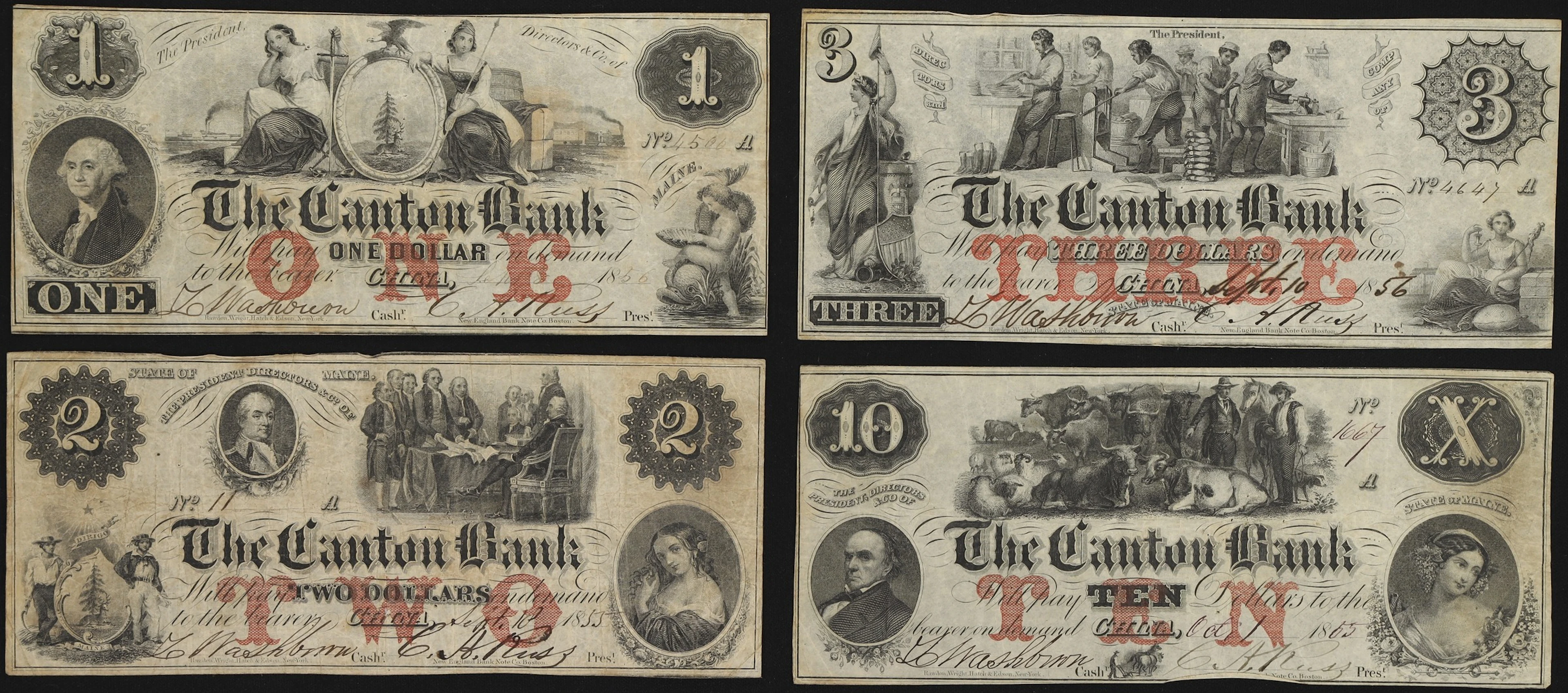 Lot of (4) Canton, Maine. Canton Bank. 1856 $1, $2, $3, & $10. Fine