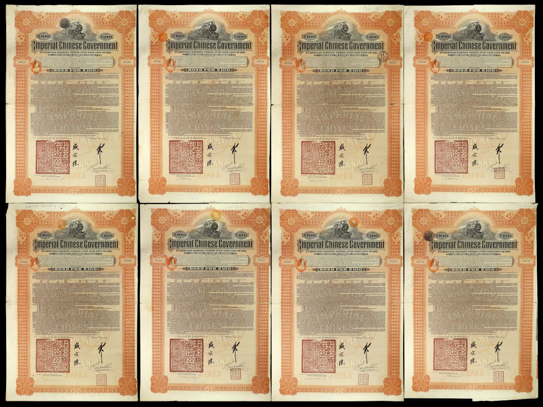 CHINA--EMPIRE. Lot of (8). 1911 5% Imperial Chinese Government Hukuang