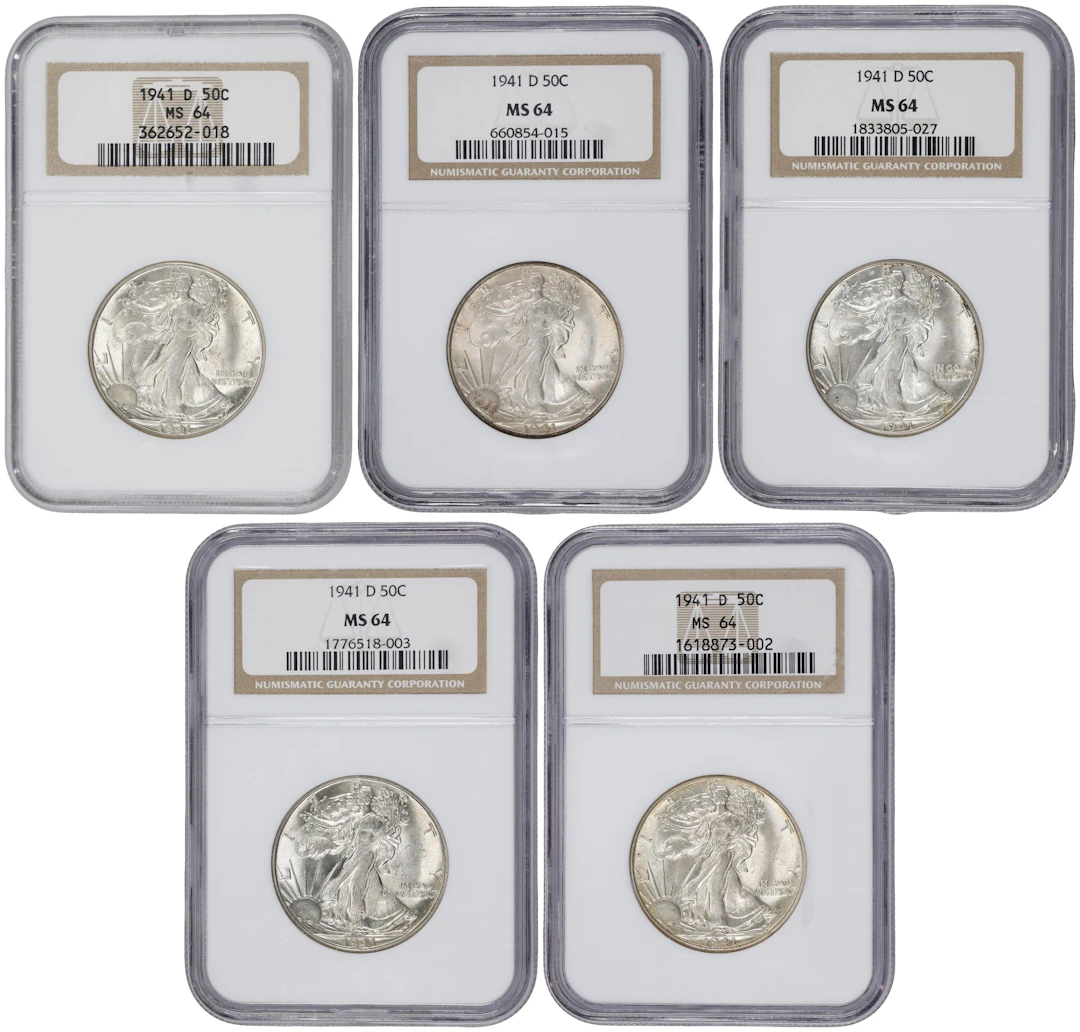 Lot of (5) 1941-D Walking Liberty Half Dollars. MS-64 (NGC).