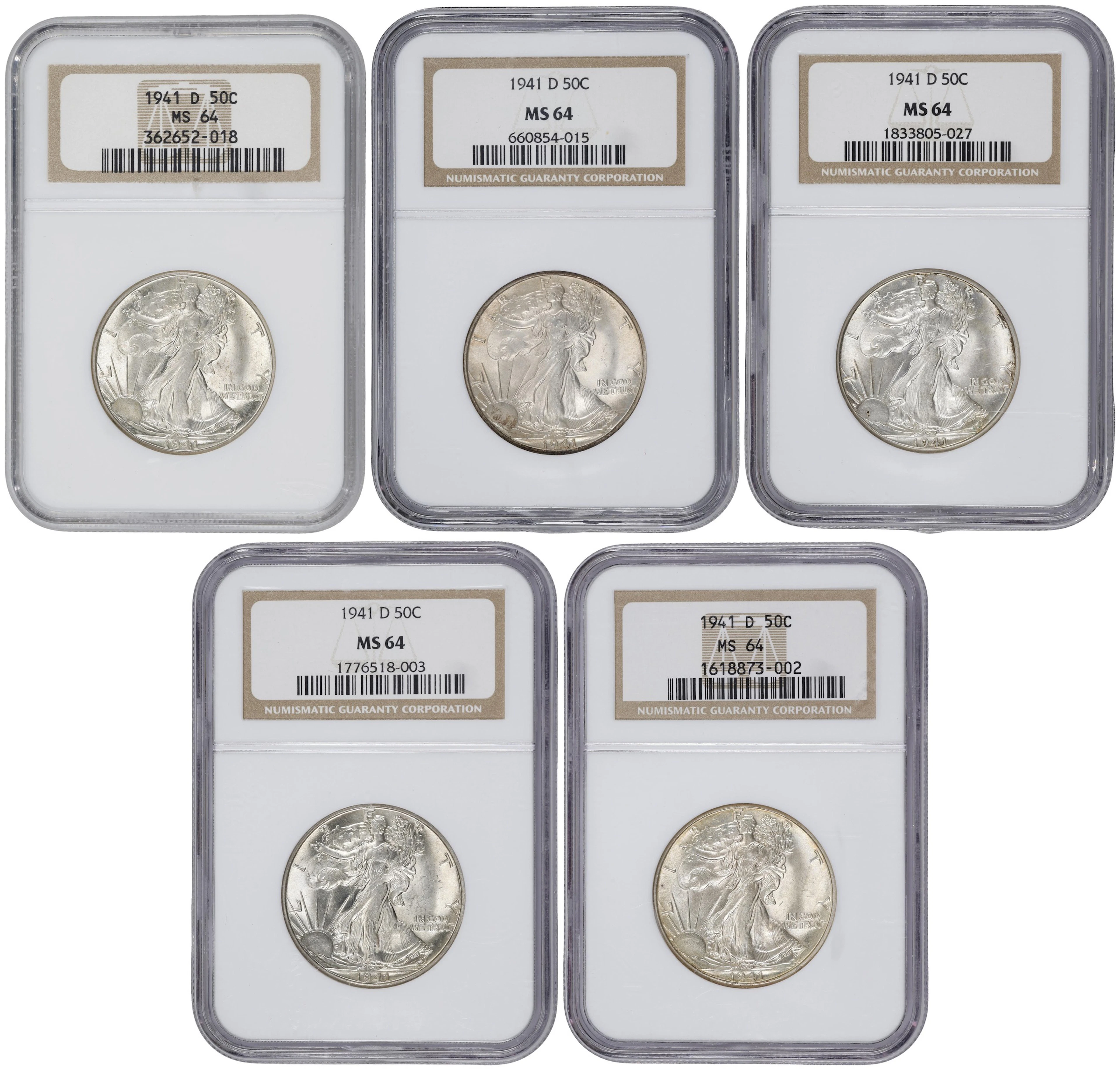 Lot of (5) 1941-D Walking Liberty Half Dollars. MS-64 (NGC).