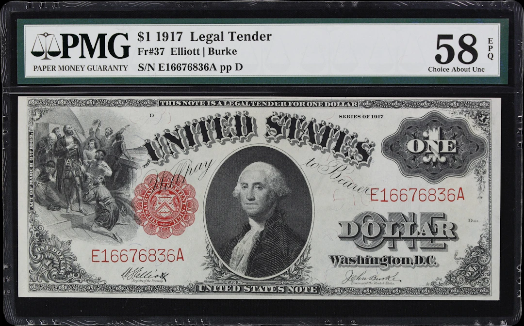 Fr. 37. 1917 $1 Legal Tender Note. PMG Choice About Uncirculated 58 EPQ.