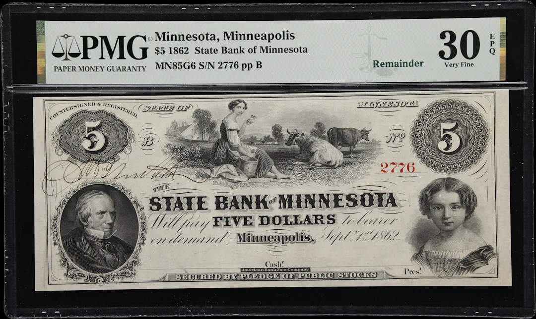 Minneapolis, Minnesota. State Bank of Minnesota. 1862 $5. PMG Very