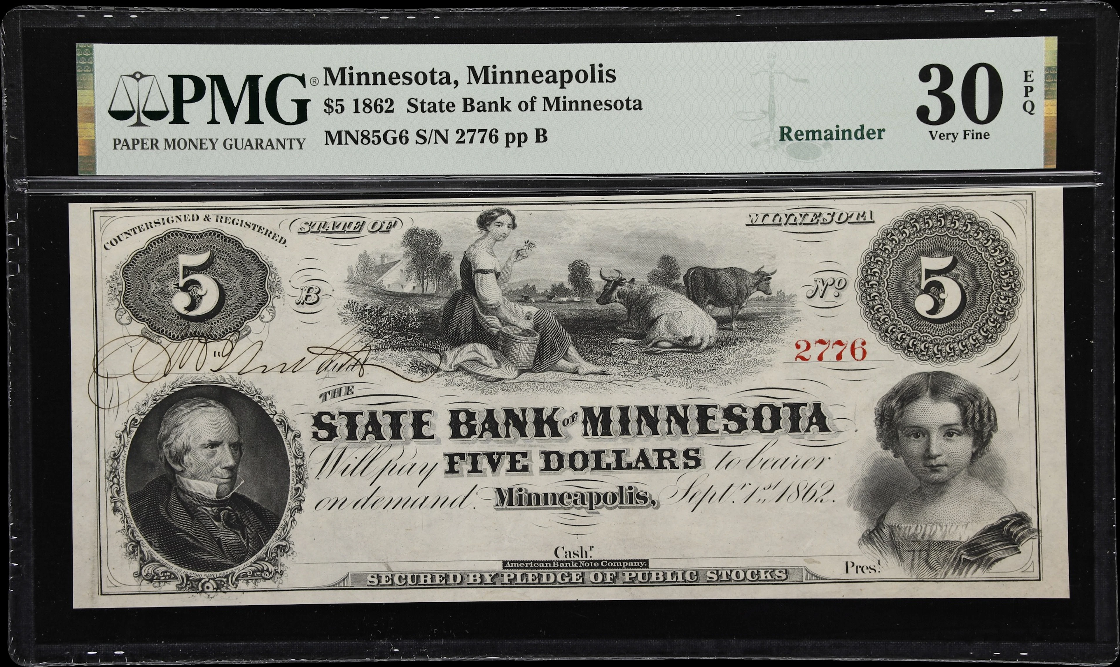Minneapolis, Minnesota. State Bank of Minnesota. 1862 $5. PMG Very