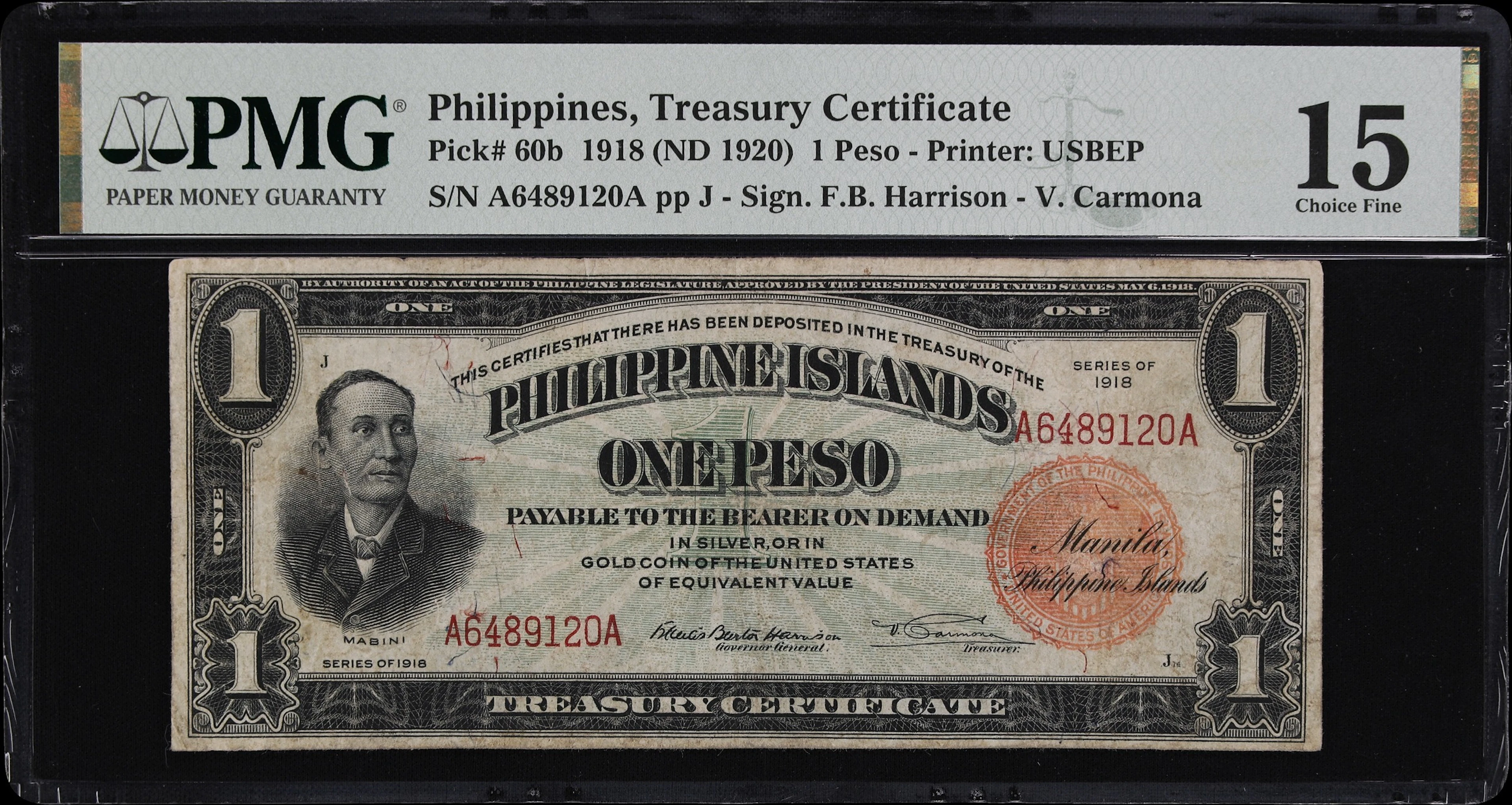 PHILIPPINES. Treasury of the Philippine Islands. 1 Peso, 1918. P-60b.