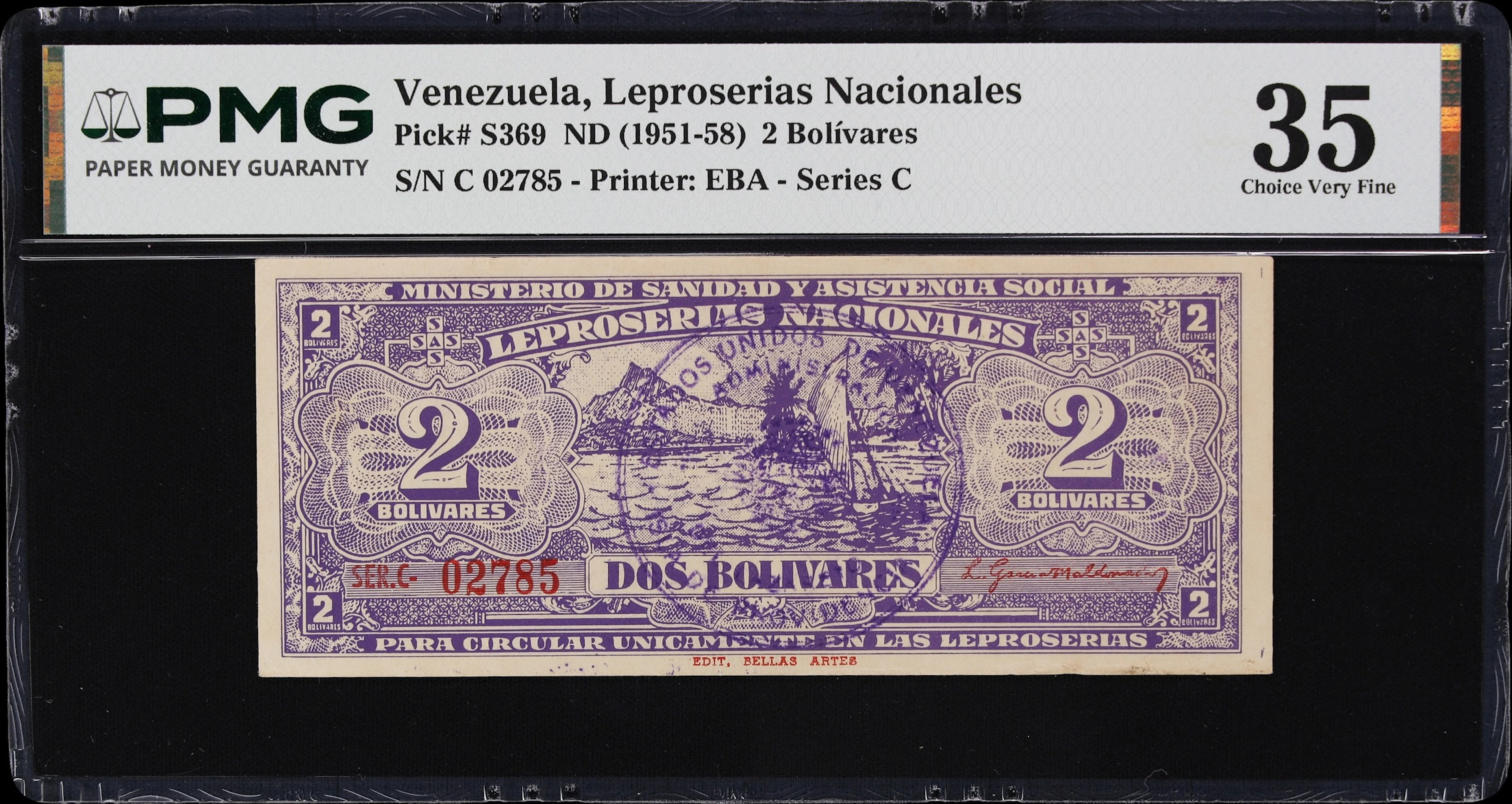 VENEZUELA. Leproserias Nacionales. 2 Bolivares, ND (1951-58). P-S369.