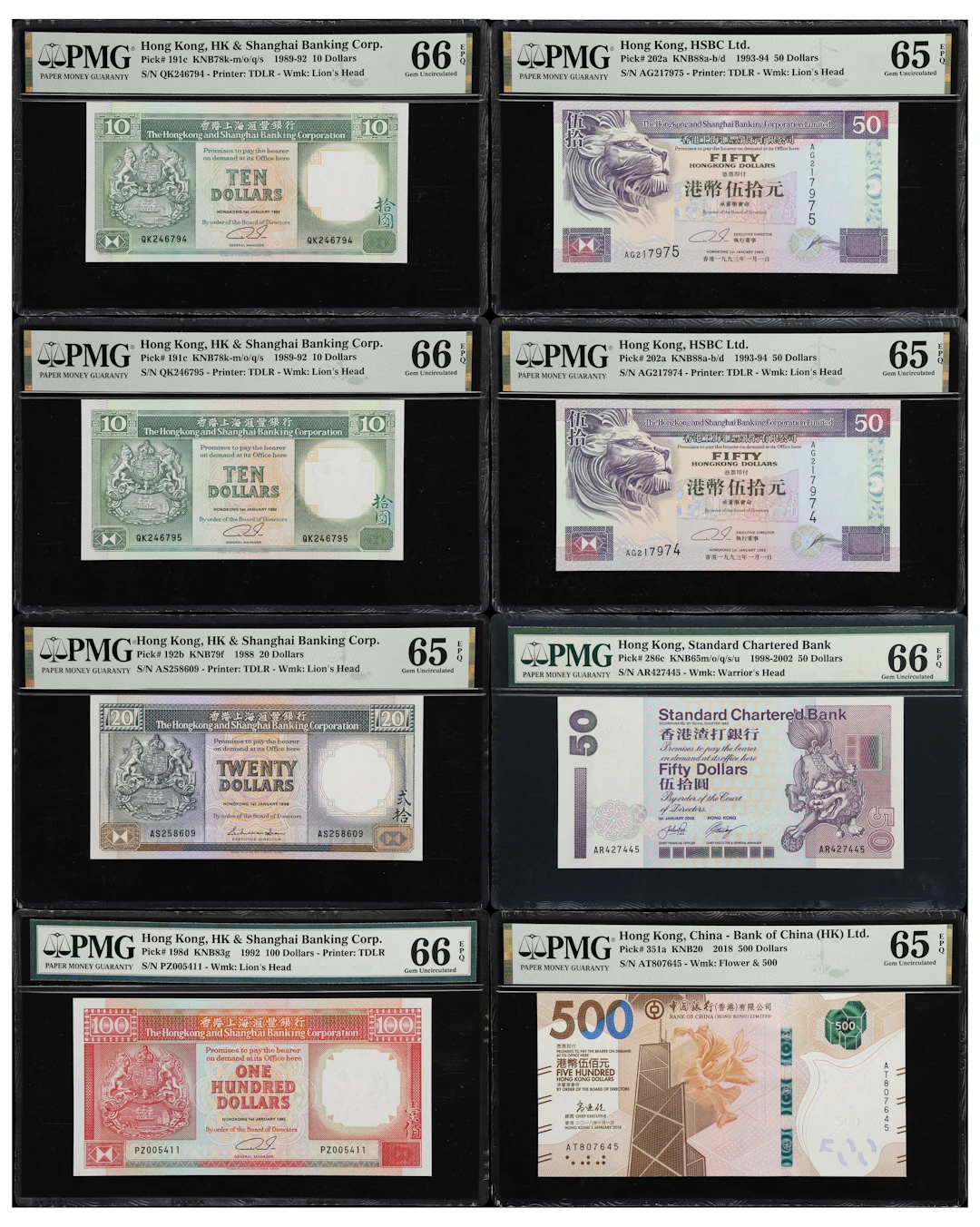 HONG KONG (SAR). Lot of (8). Mixed Banks. 10, 20, 50, 100, & 500 Dollars
