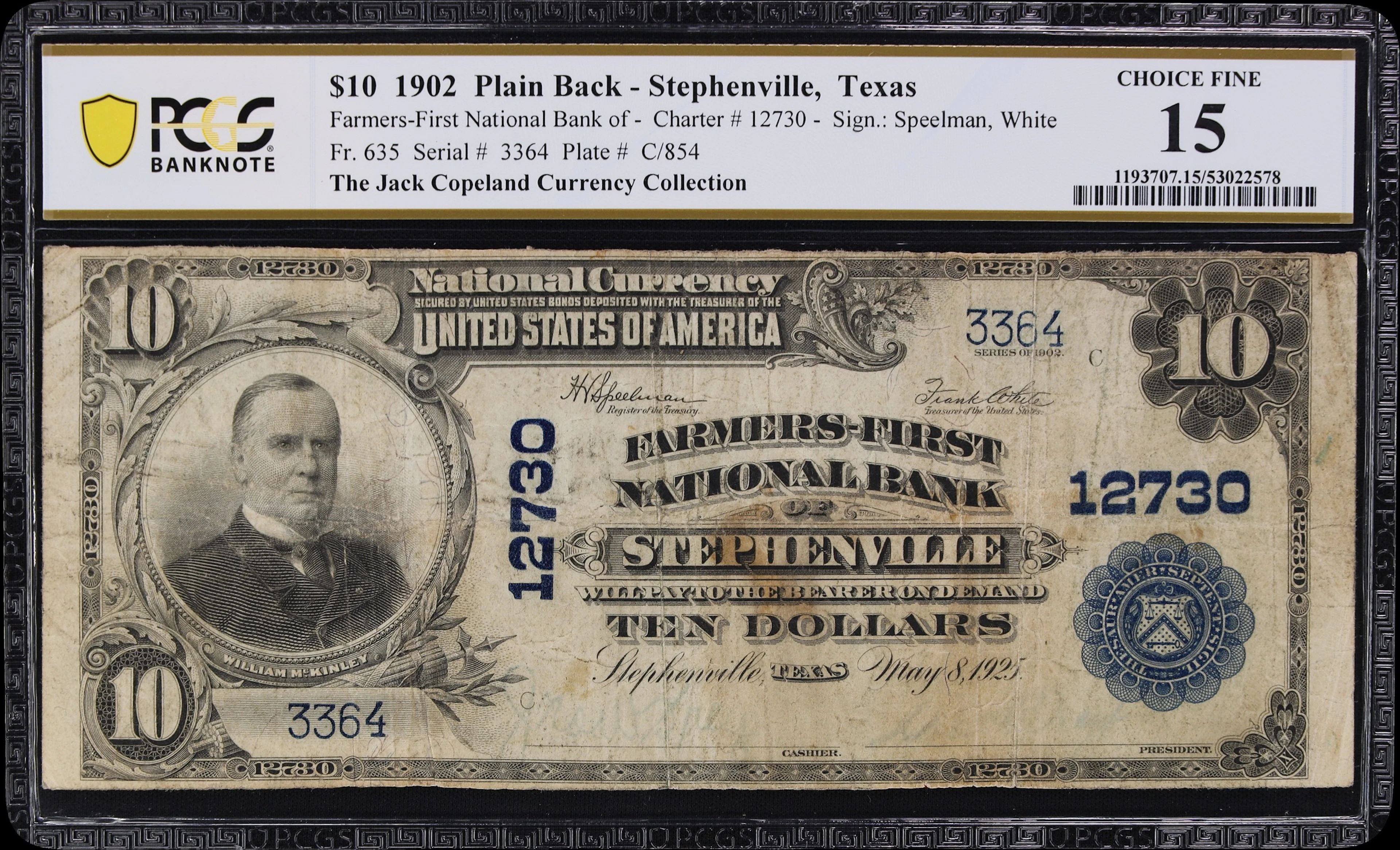 Stephenville, Texas. $10 1902 Plain Back. Fr. 635. Farmers-First NB.