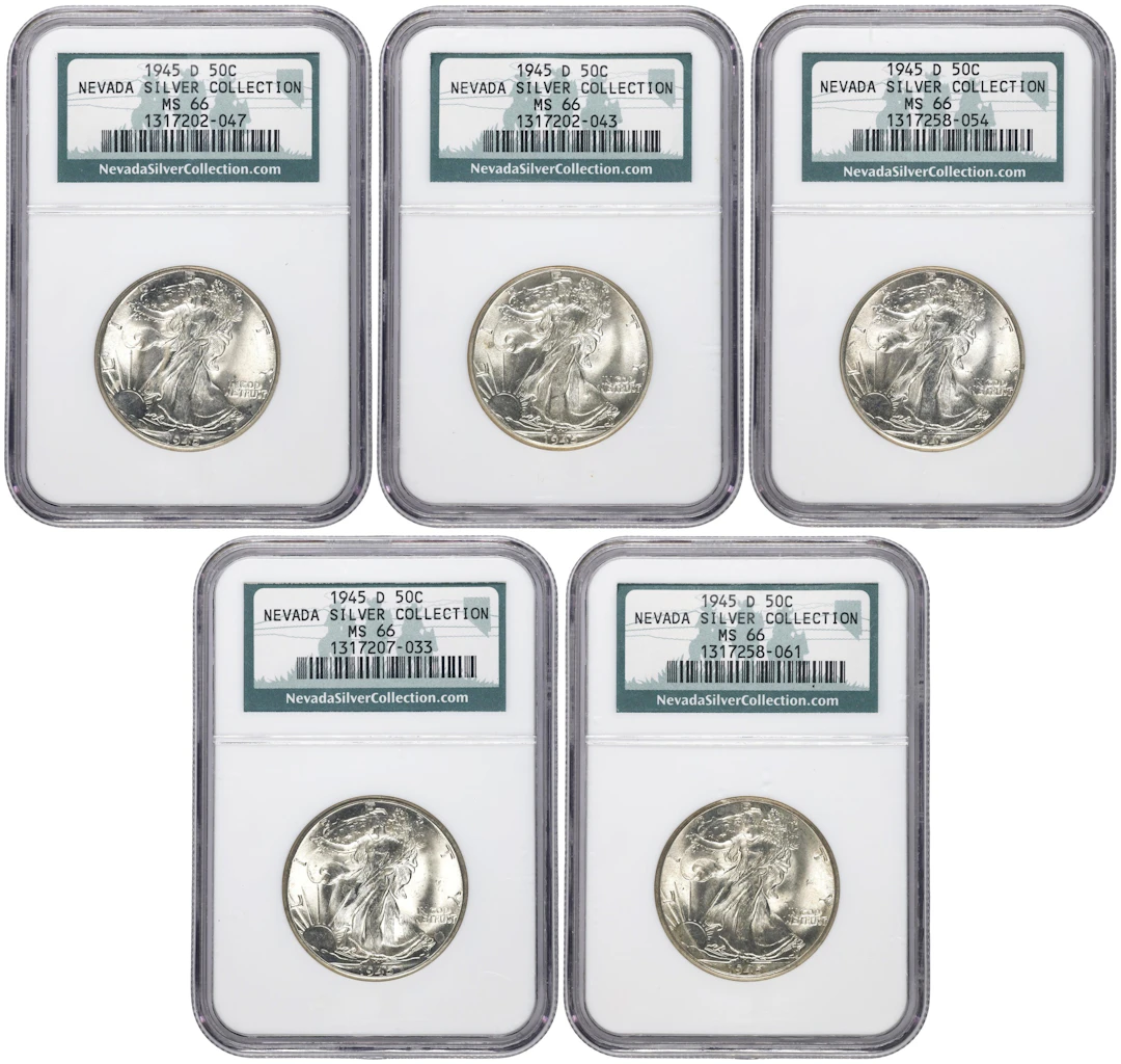 Lot of (5) 1945-D Walking Liberty Half Dollars. MS-66 (NGC).