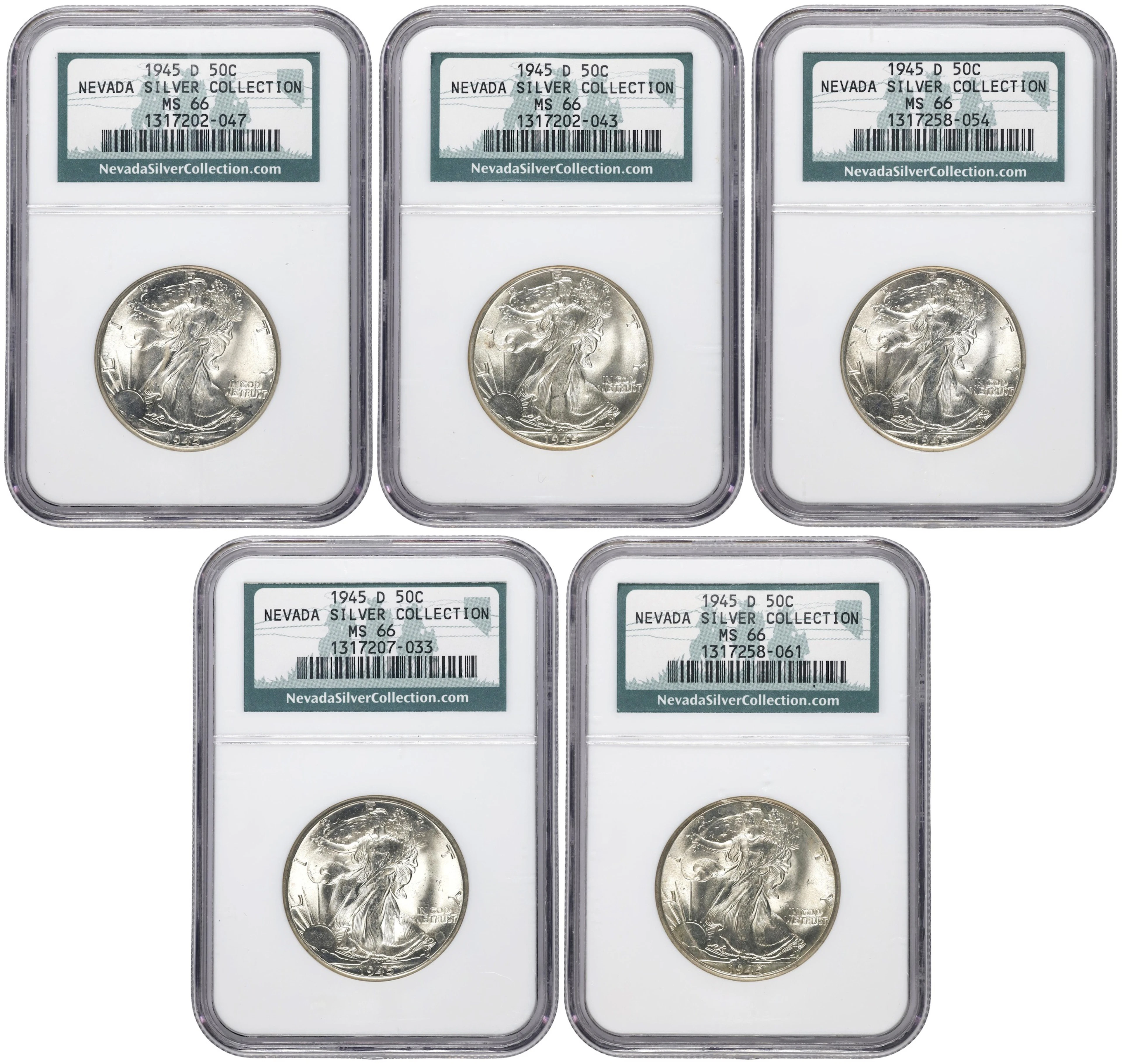 Lot of (5) 1945-D Walking Liberty Half Dollars. MS-66 (NGC).
