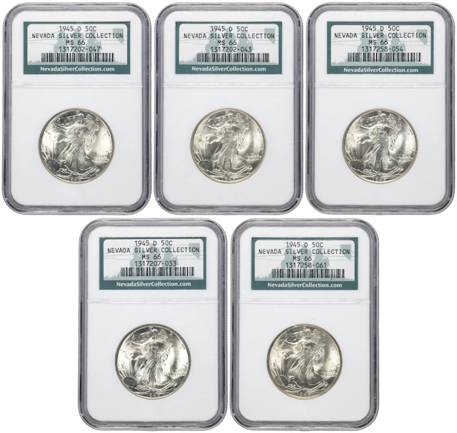 Lot of (5) 1945-D Walking Liberty Half Dollars. MS-66 (NGC).
