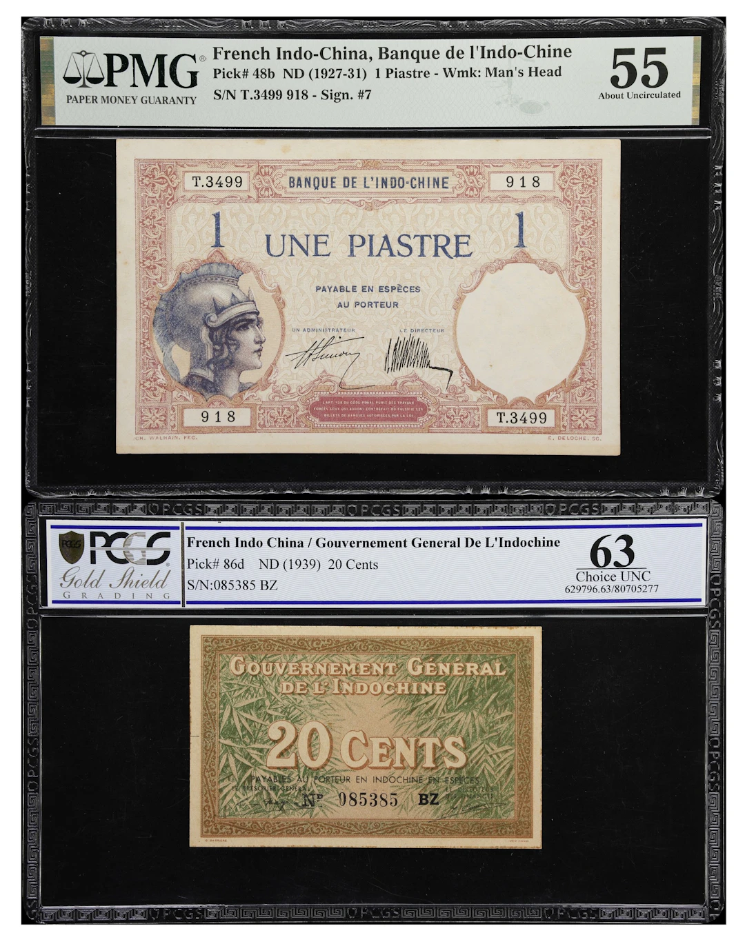 FRENCH INDO-CHINA. Lot of (2). Banque de l'Indochine & Government