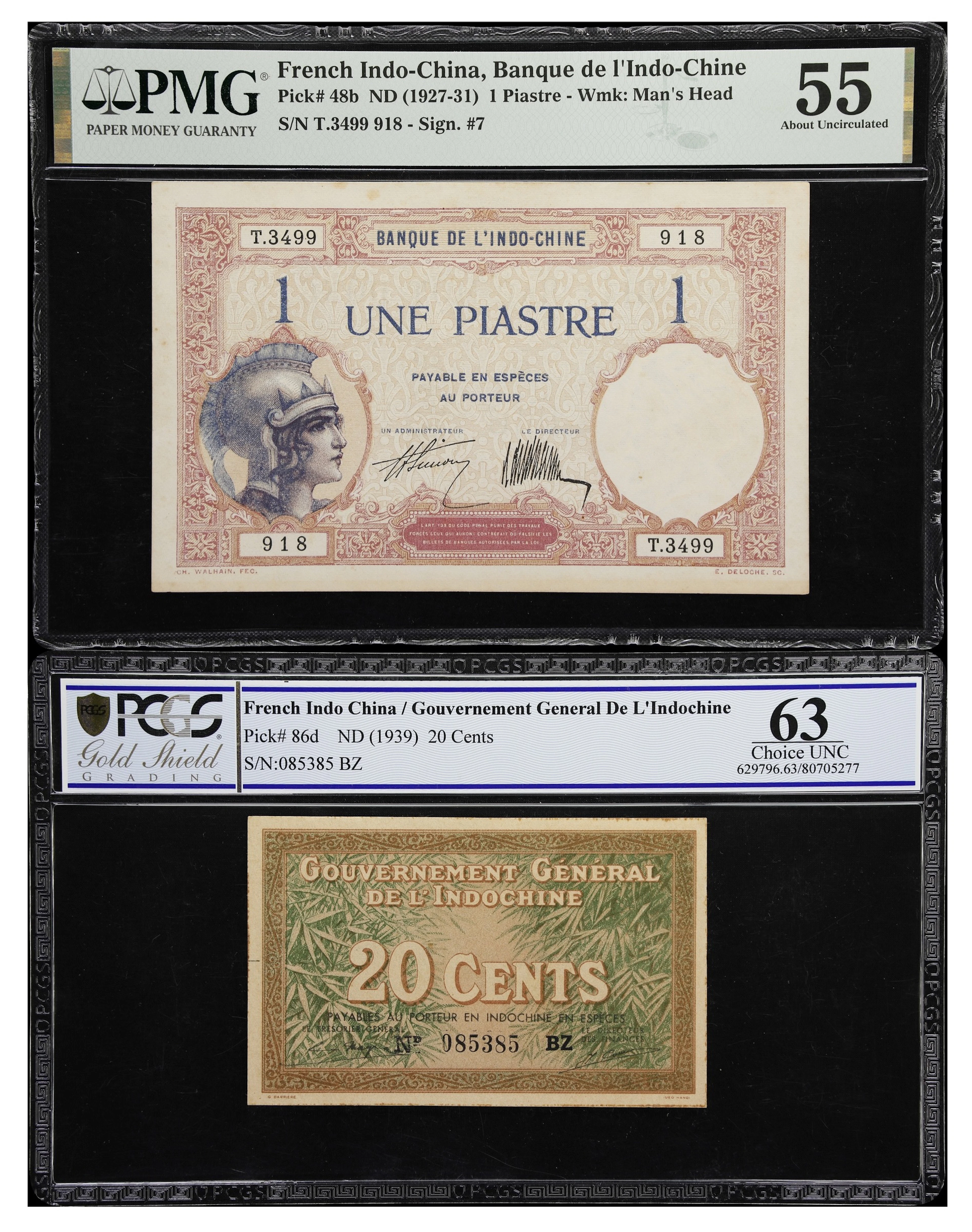 FRENCH INDO-CHINA. Lot of (2). Banque de l'Indochine & Government