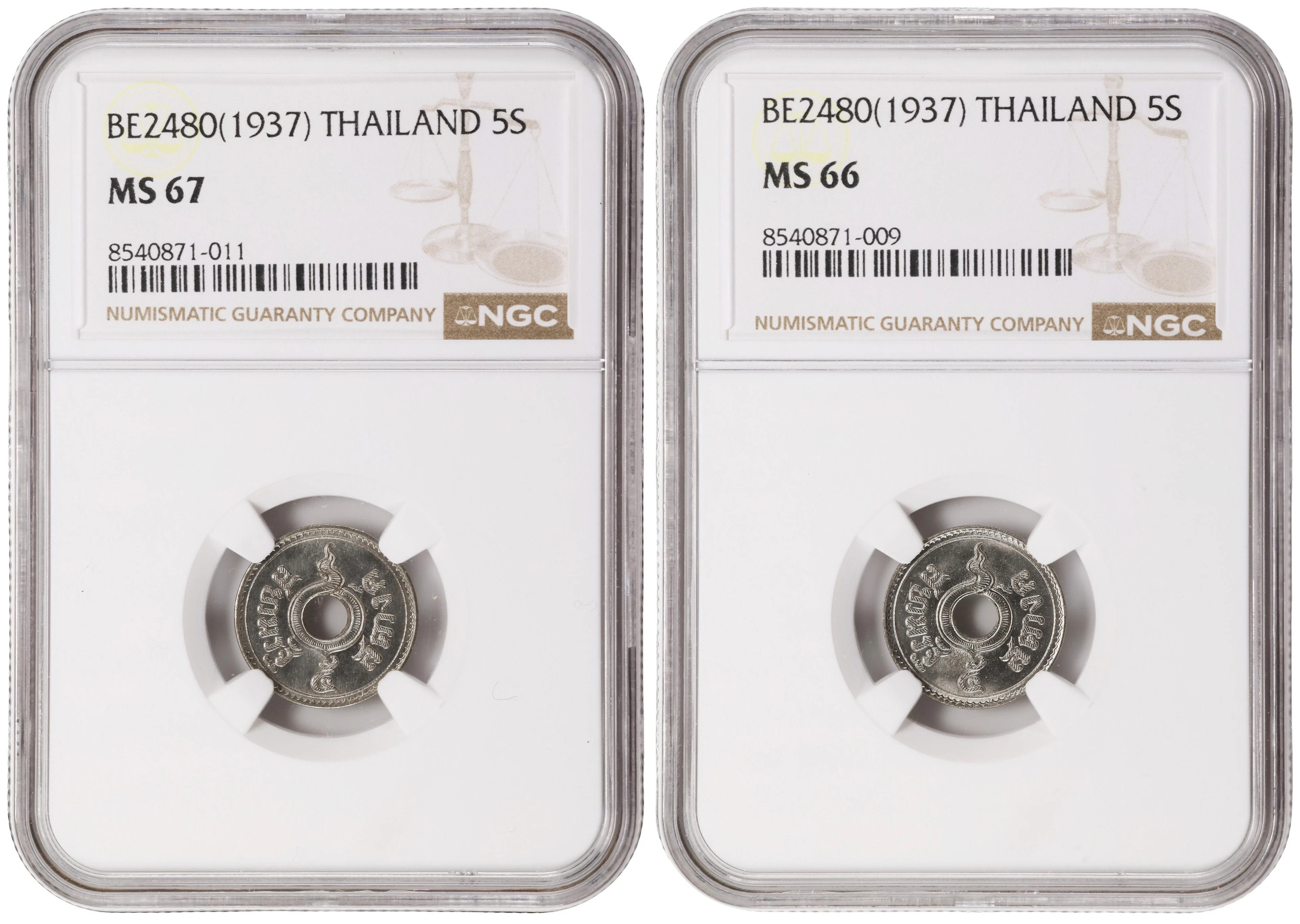 THAILAND. Duo of 5 Satang (2 Pieces), BE 2480 (1937). Rama VI. Both