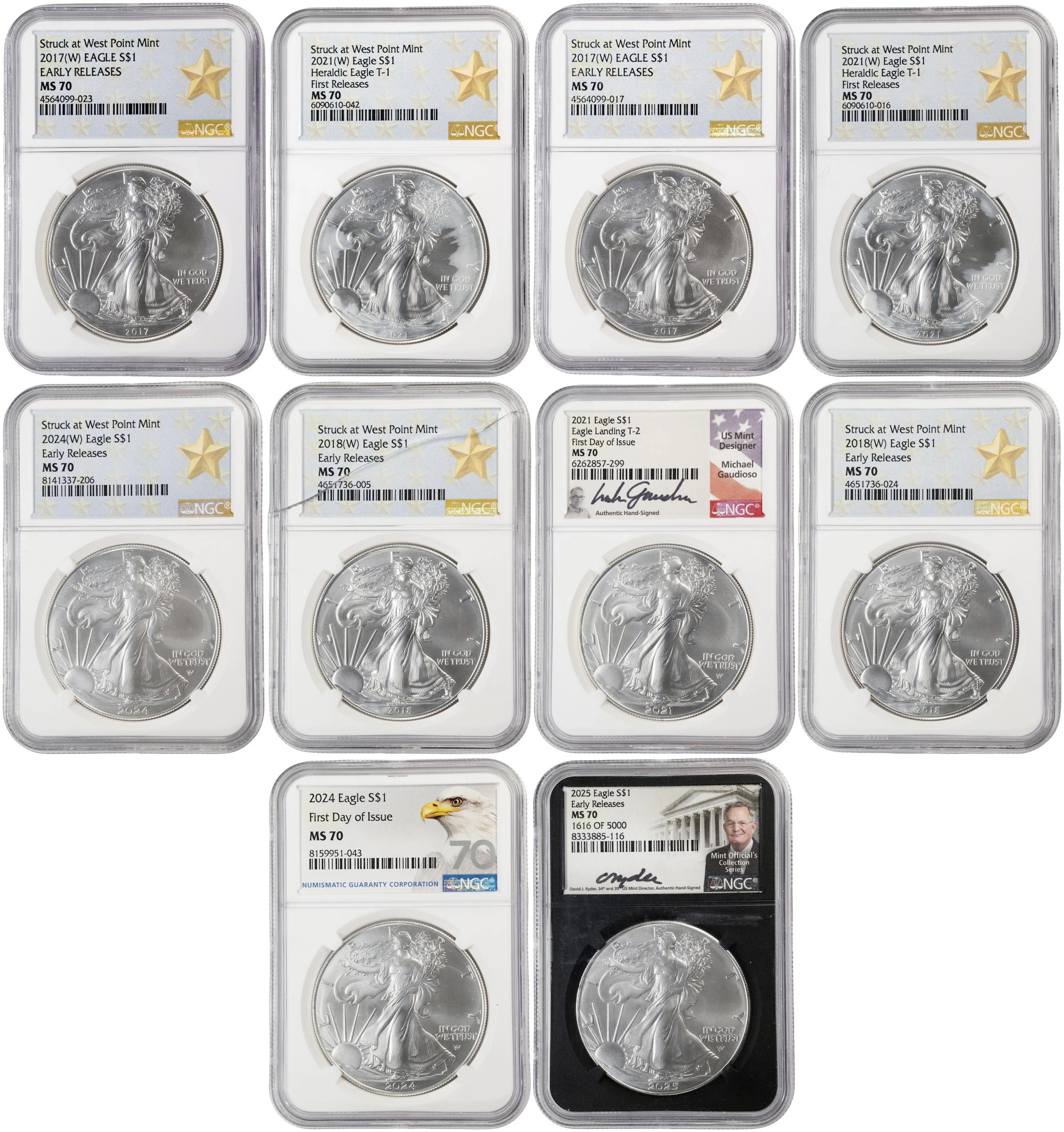 (10 oz, 311.04 g ASW). Lot of (10) Mixed Date American Silver Eagles.