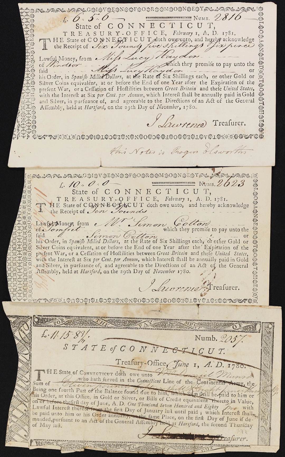 Lot of (3) Hartford, Connecticut. State of Connecticut. Treasury Warrants.