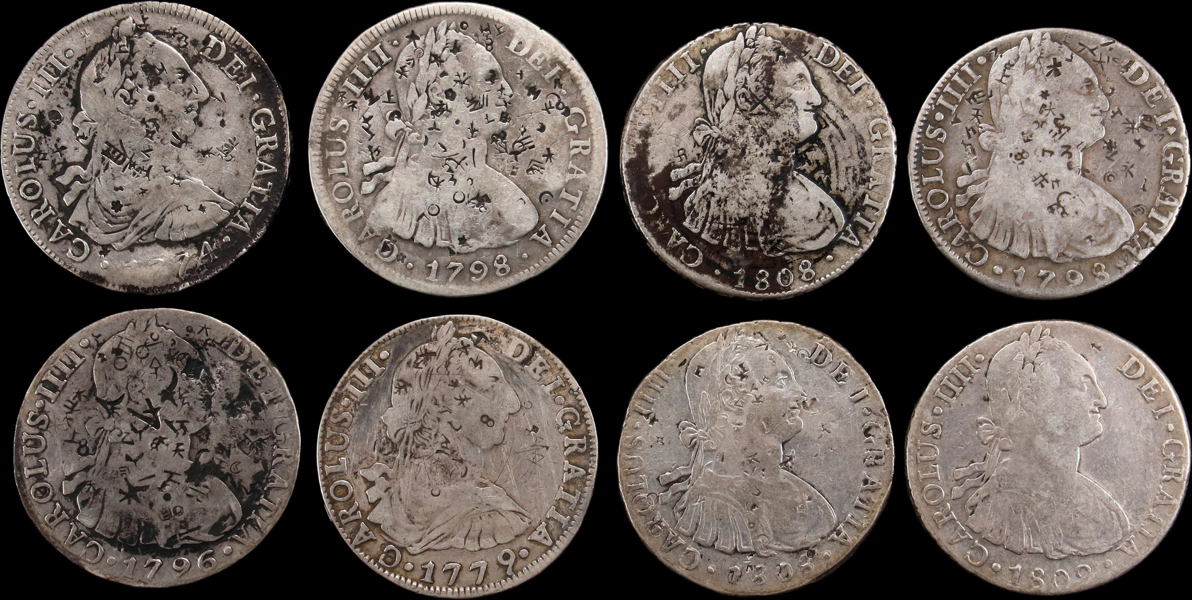 SPANISH COLONIAL. Octet of Bust 8 Reales (8 Pieces), 1774-1808. Average