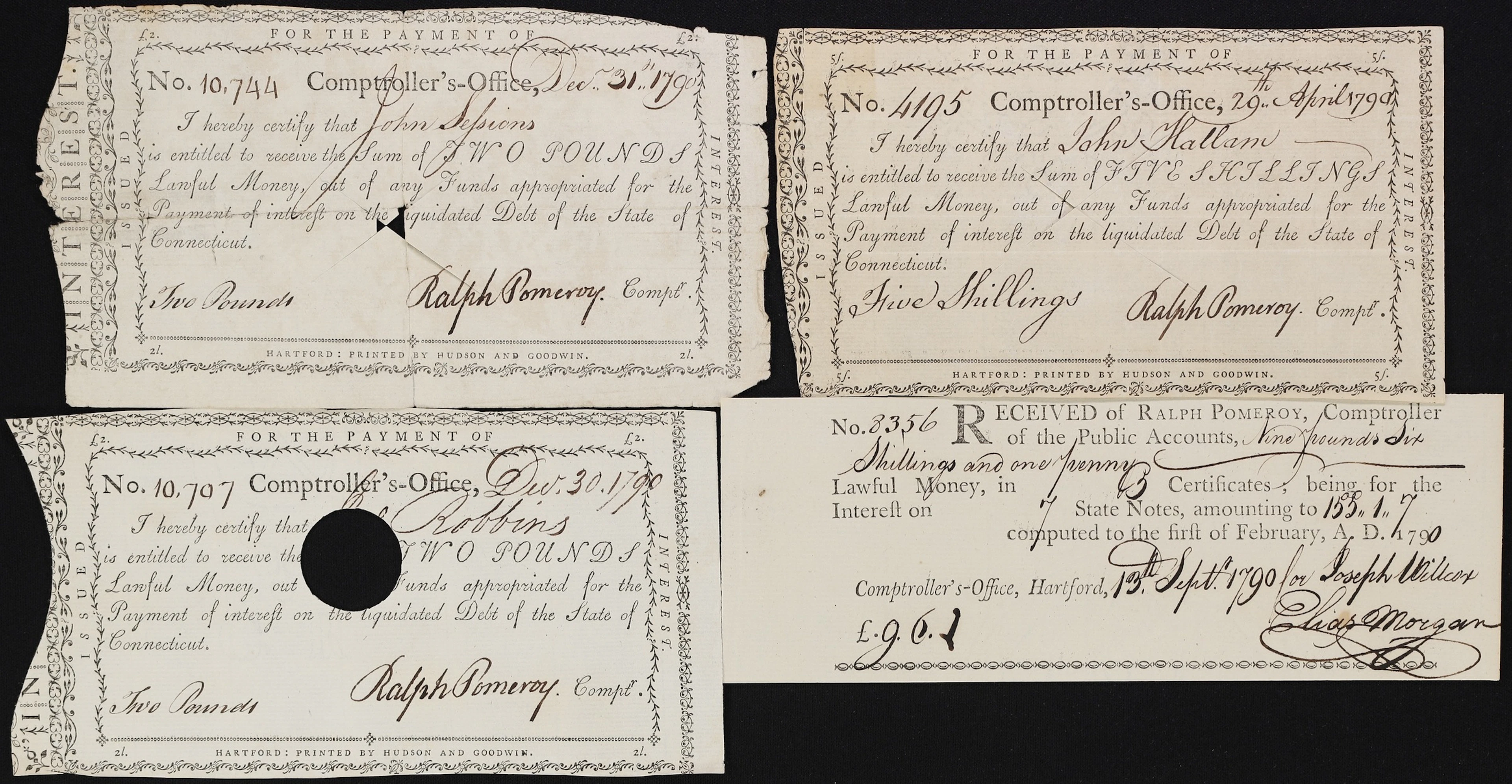 Lot of (4) Hartford, Connecticut, State of Connecticut Comptroller's