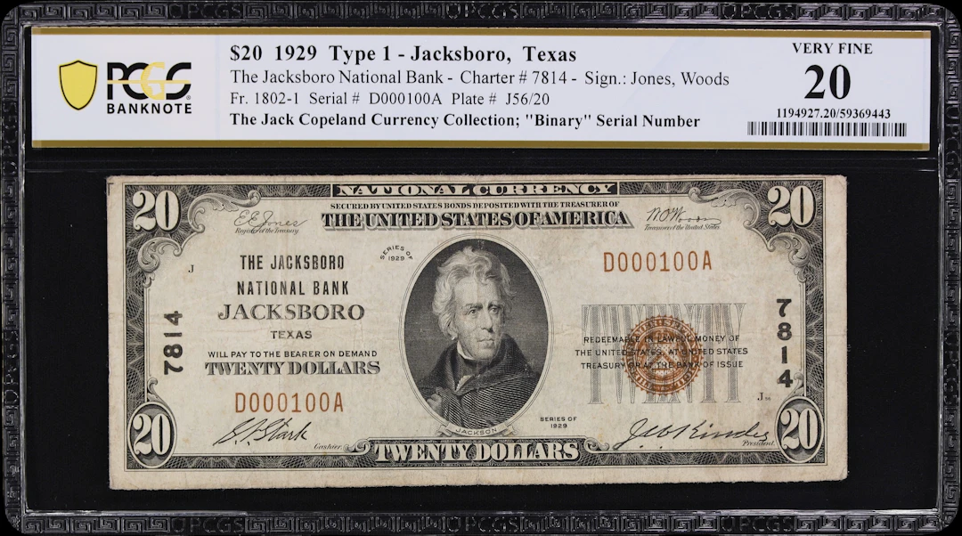 Jacksboro, Texas. $20 1929 Ty. 1. Fr. 1802-1. Jacksboro NB. Charter