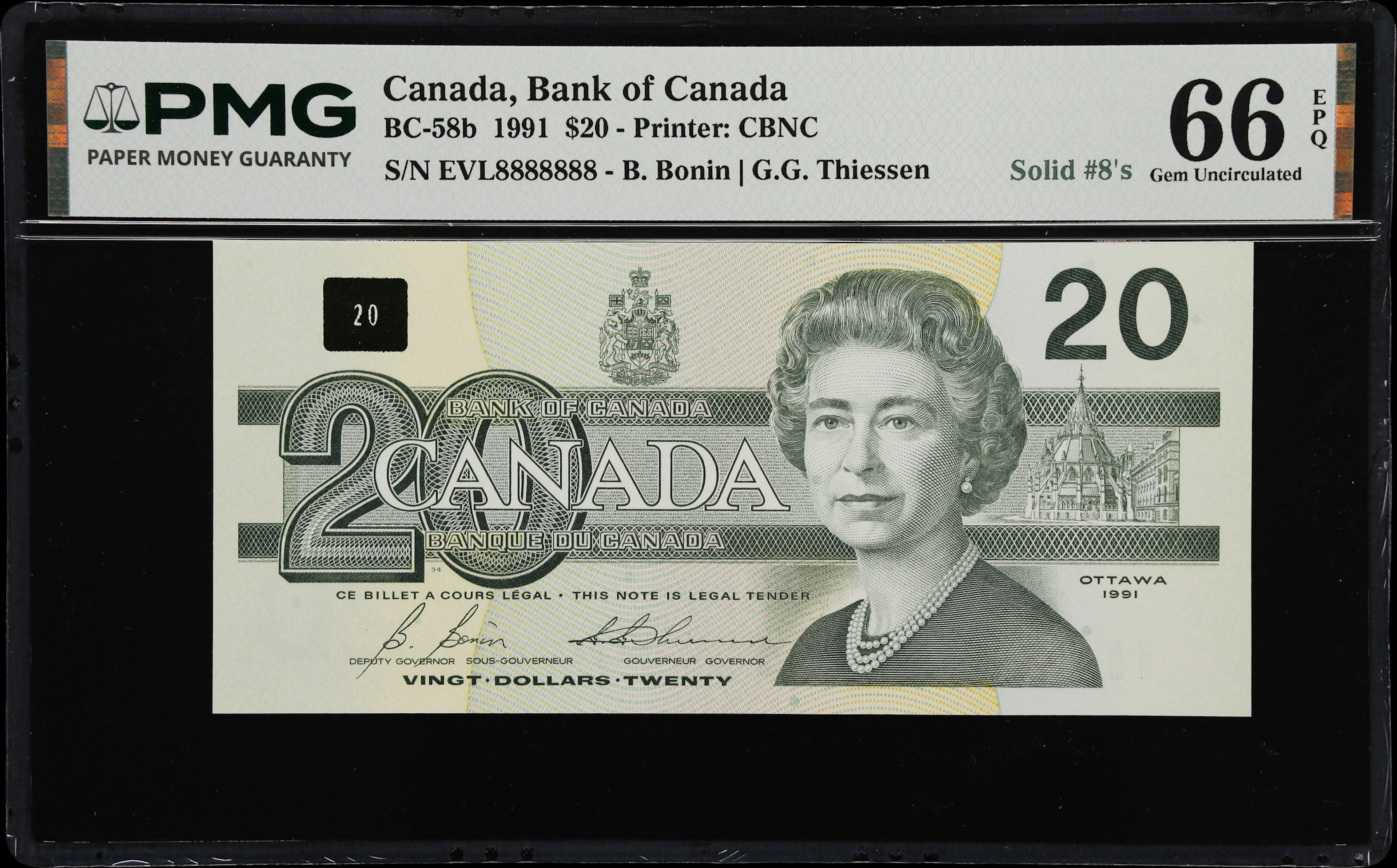 CANADA--FANCY SERIAL NUMBERS. Bank of Canada. 20 Dollars, 1991. BC-58b.
